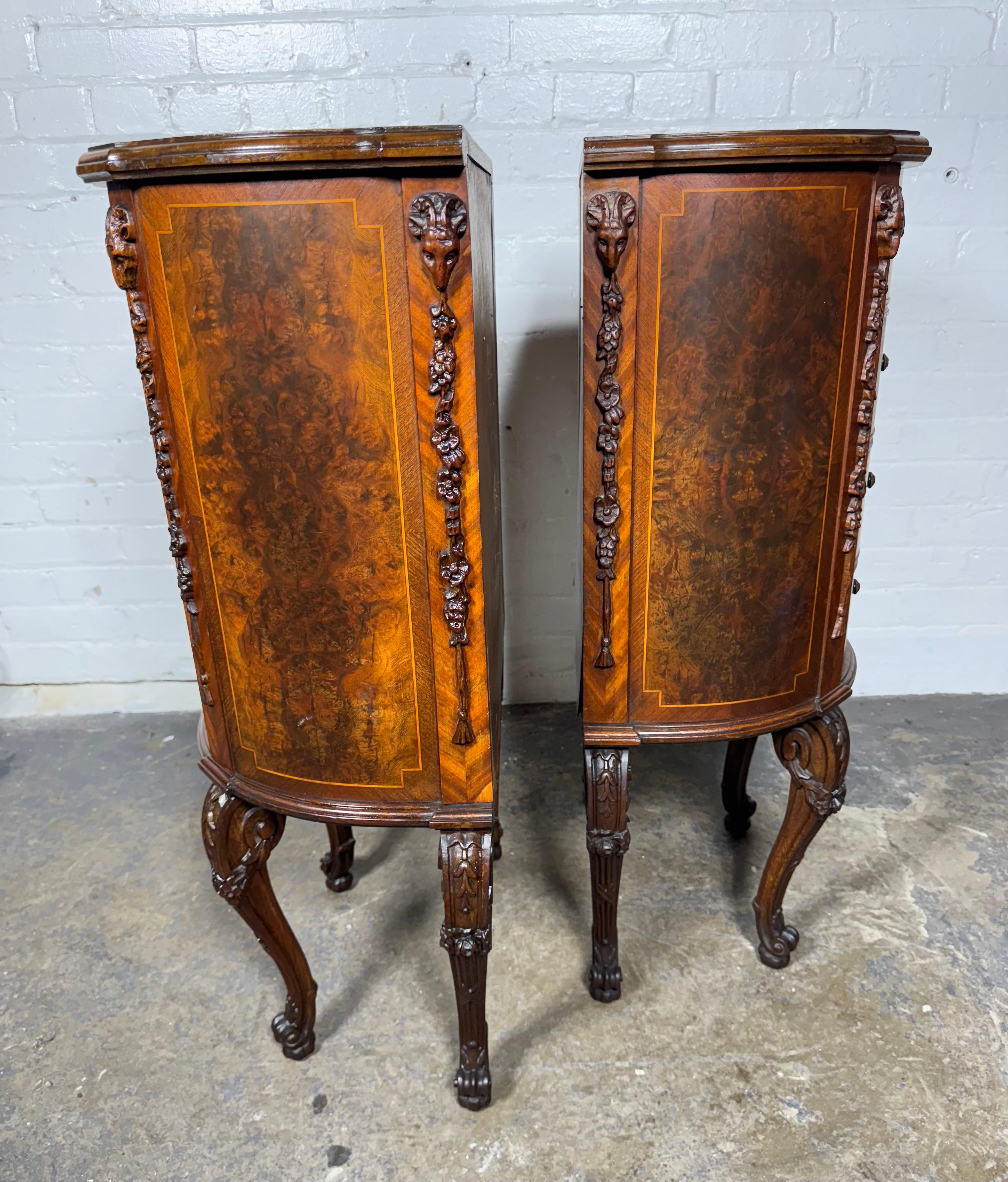 Mid-20th Century Classic pair French 4-Drawer Night Stands, burl wood, carved / Louis XV For Sale