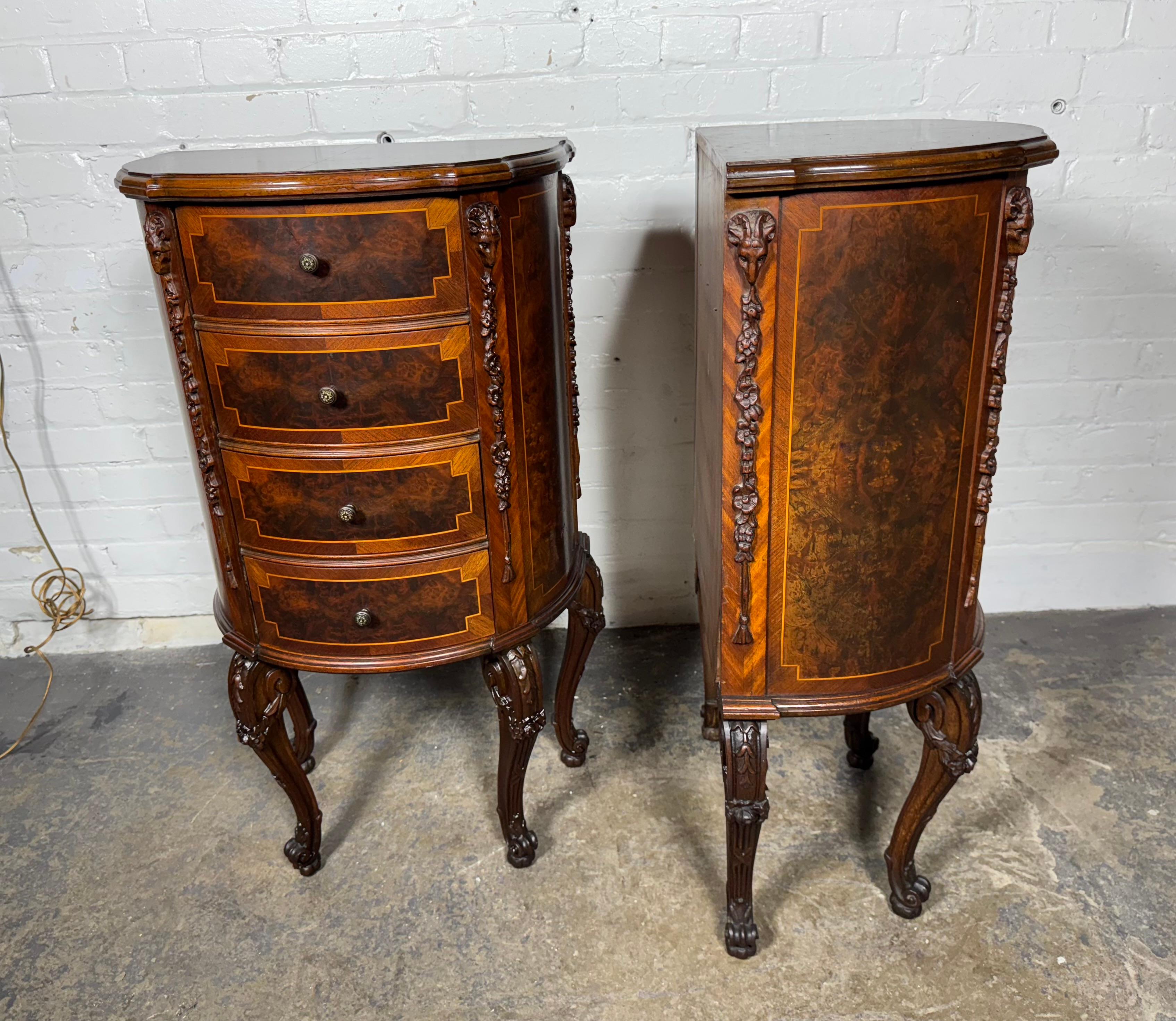 Walnut Classic pair French 4-Drawer Night Stands, burl wood, carved / Louis XV For Sale