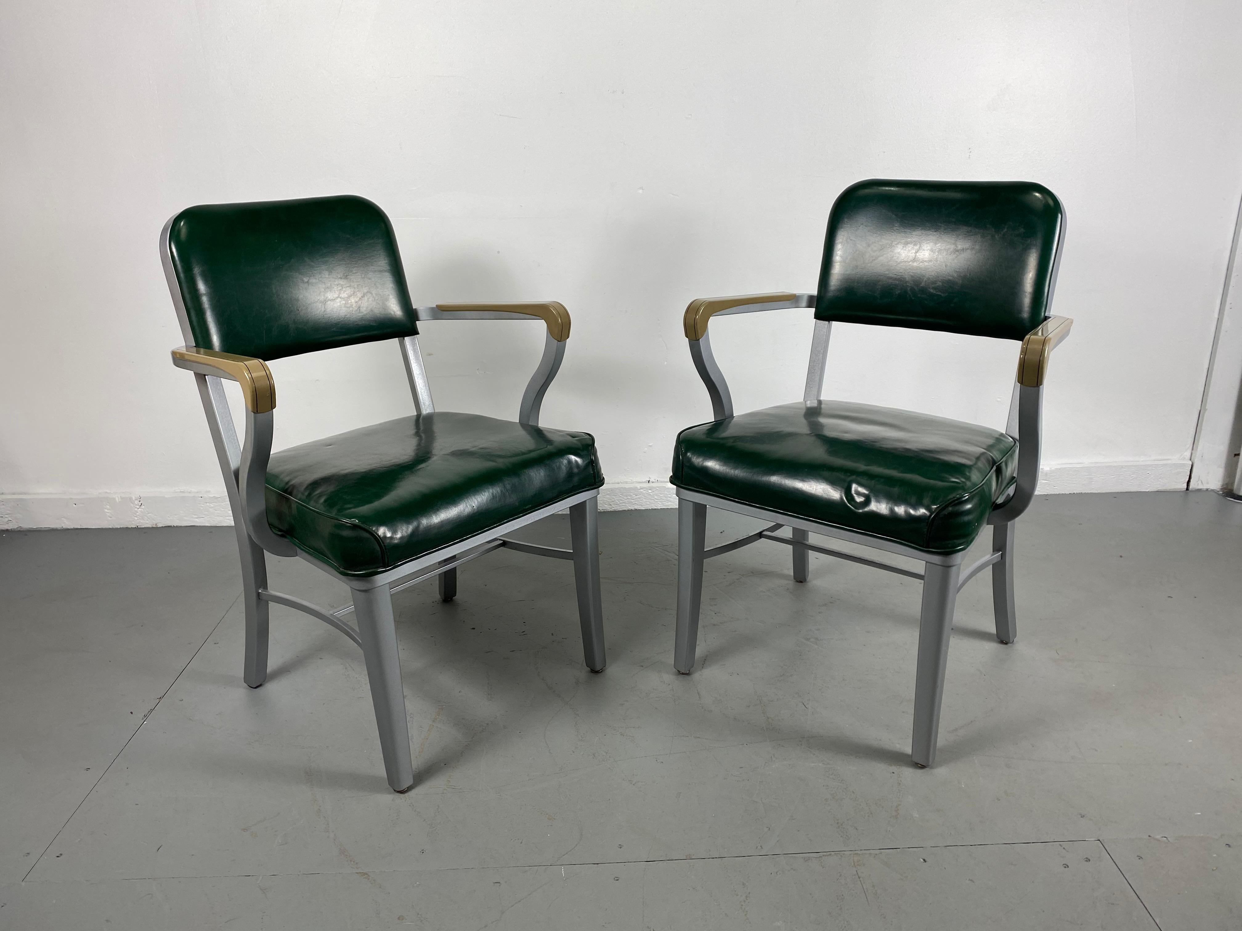 American Classic Pair Grey Industrial Office Steel Tanker Arm Chairs by Steelcase