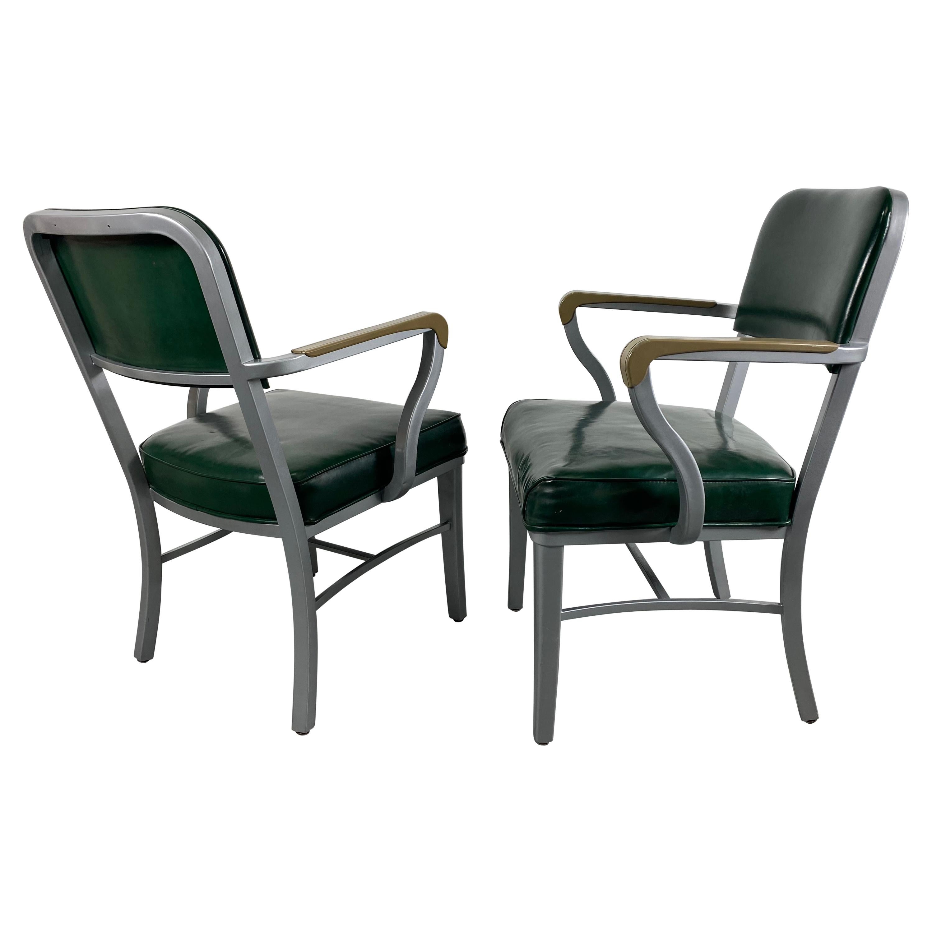 Classic Pair Grey Industrial Office Steel Tanker Arm Chairs by Steelcase