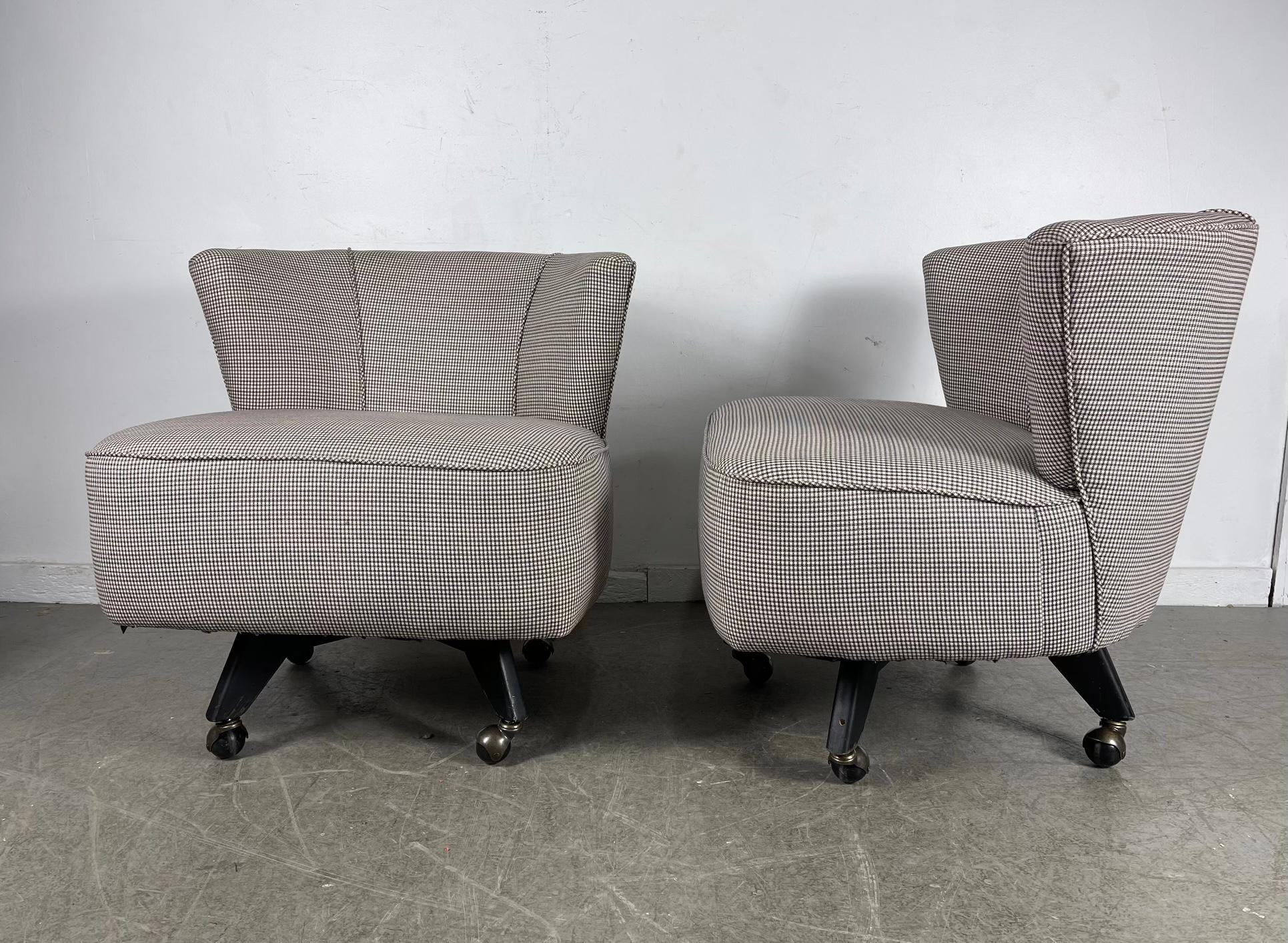 Brass Classic Pair Mid-Century Modern Swivel Chairs on castors, , attrib to Selig For Sale