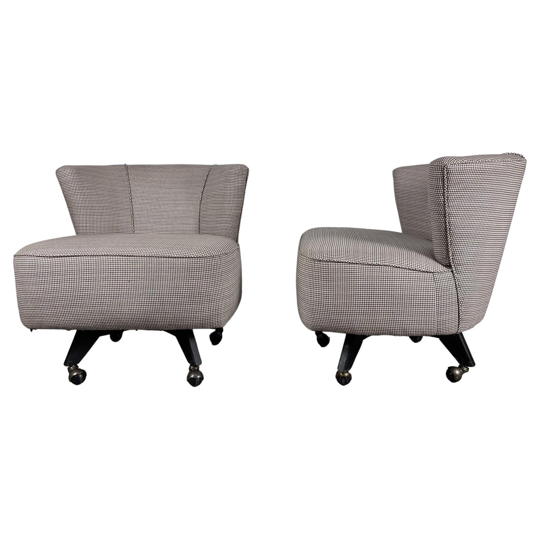 Classic Pair Mid-Century Modern Swivel Chairs on castors, , attrib to Selig For Sale