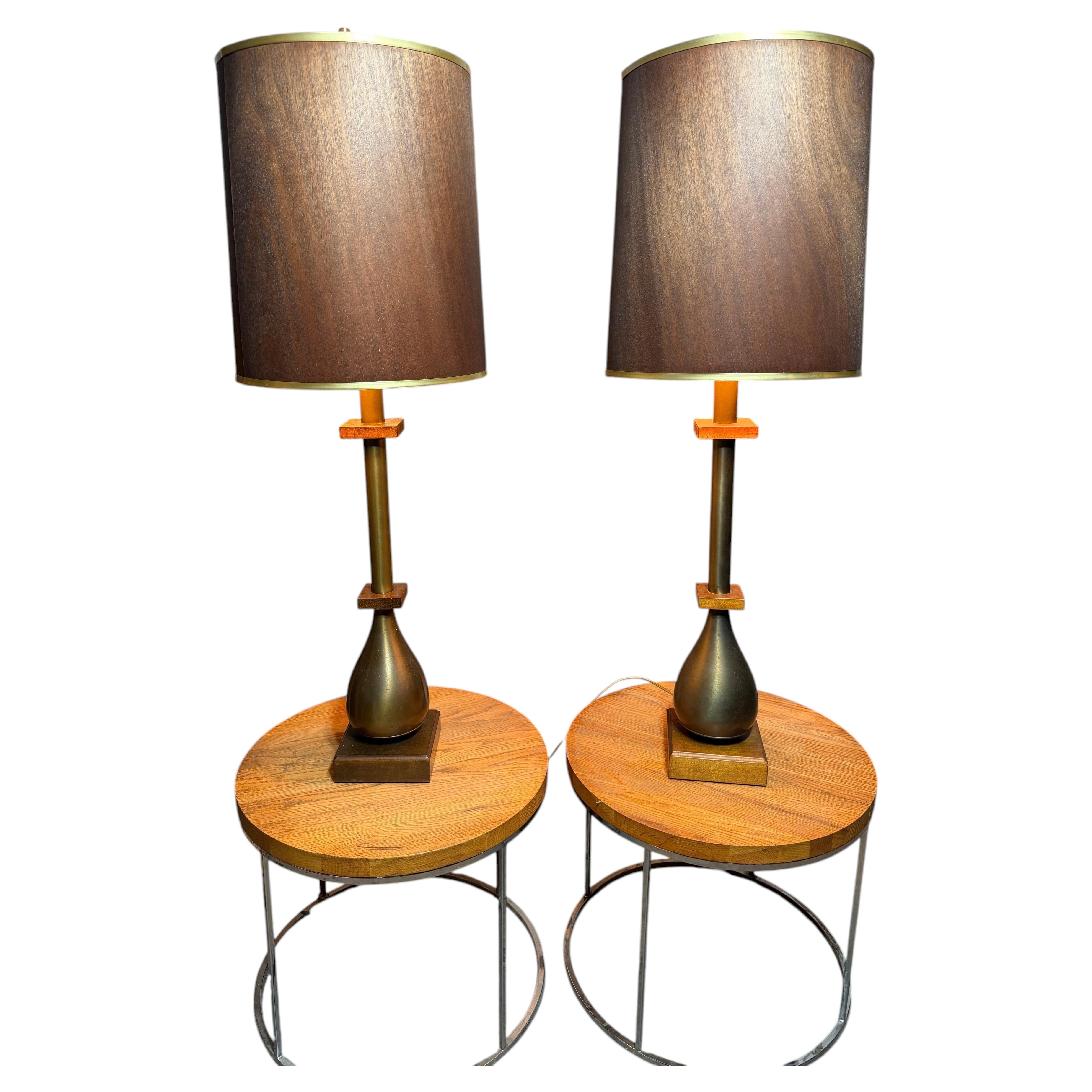 Classic Pair Modernist Lamps by Paul Hanson /bronze &wood, WOOD SHADES