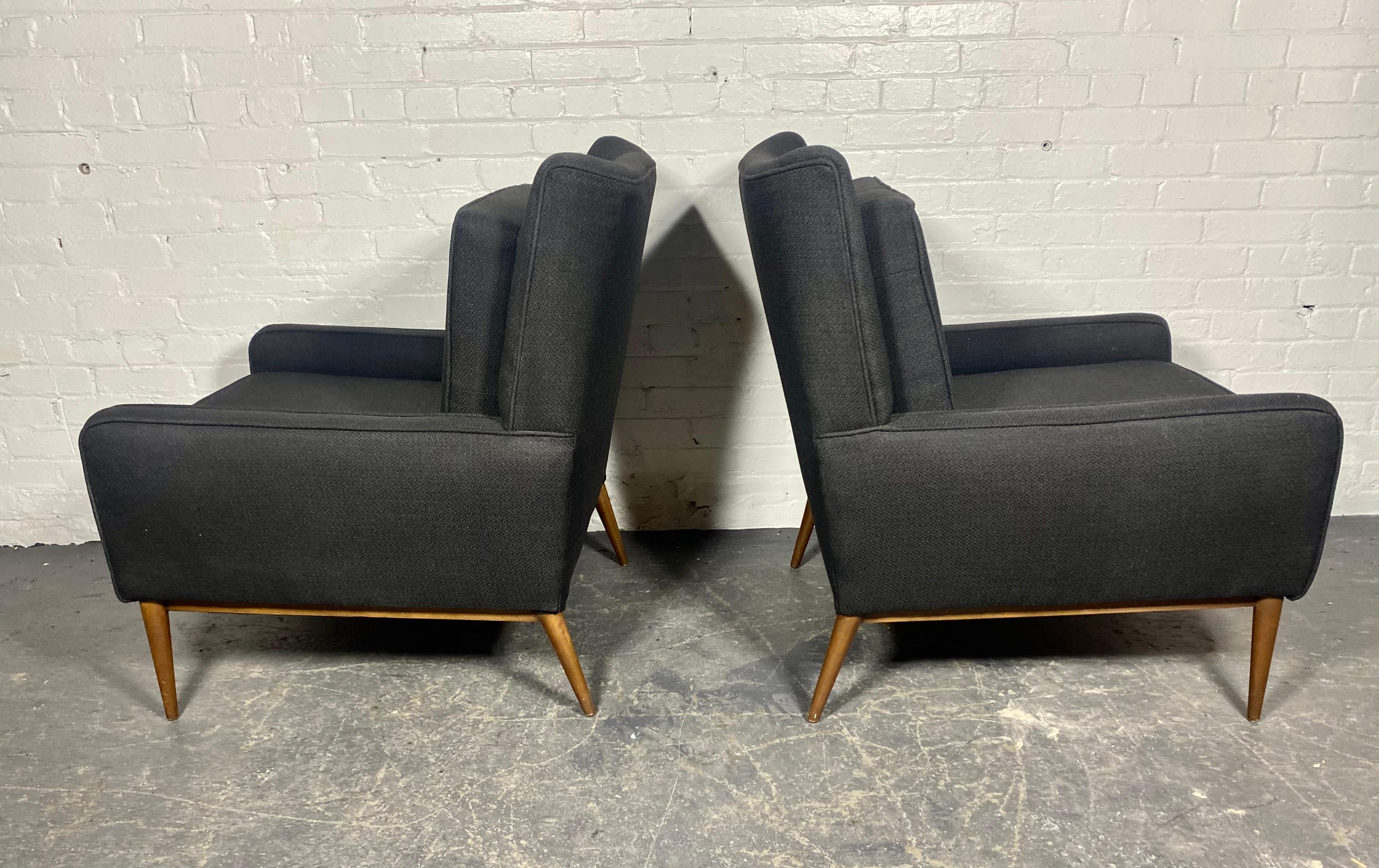 Classic Pair Modernist Lounge Chairs attributed to Paul McCobb / Directional.. I believe these were re-upholstered 30-40 years ago, Professional job,,very well done in a period mid century black wool blend / nylon fabric,, Wonderful lines,,stunning