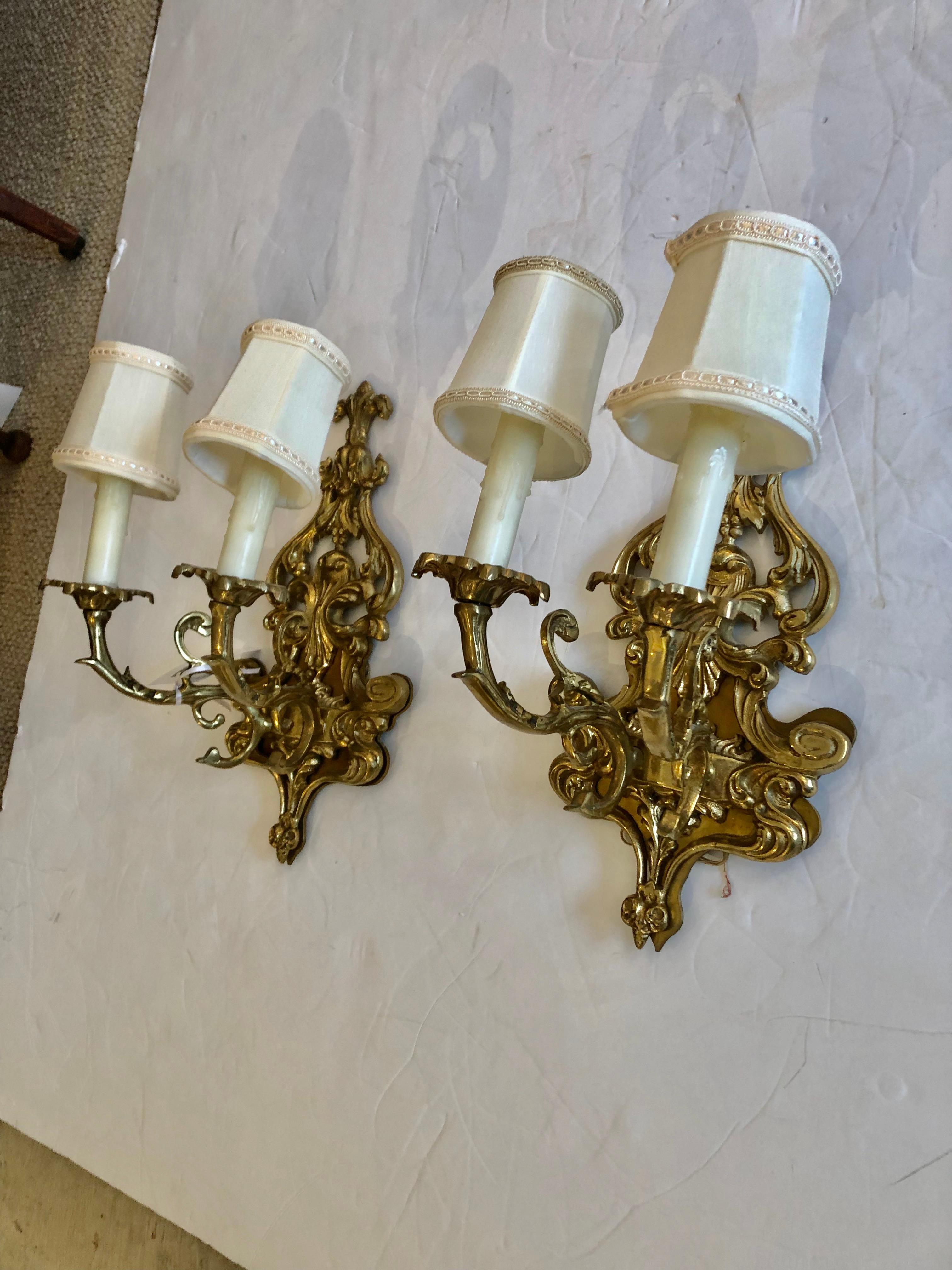 Early 20th Century Classic Pair of Antique 2 Arm Brass Sconces For Sale