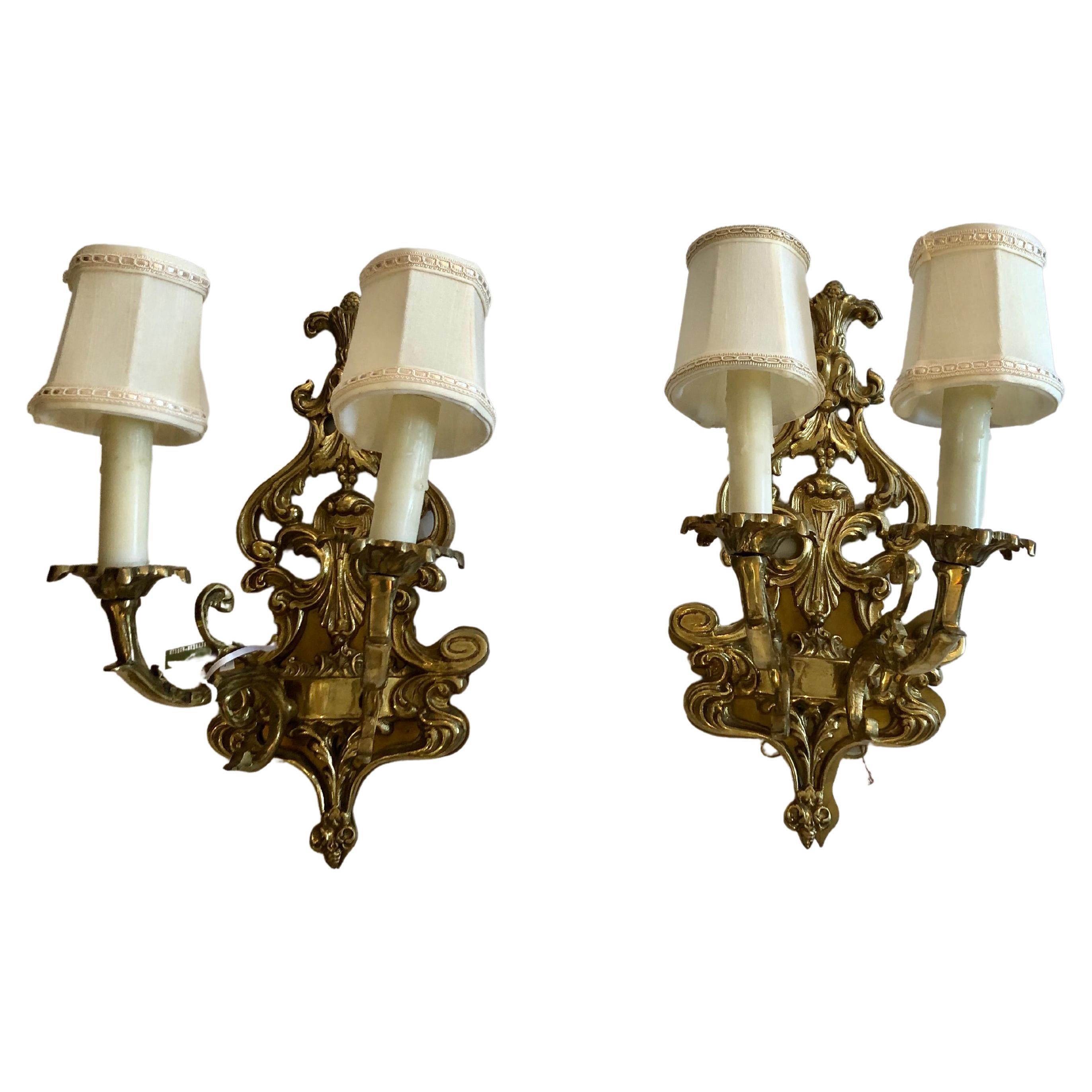 Classic Pair of Antique 2 Arm Brass Sconces For Sale at 1stDibs
