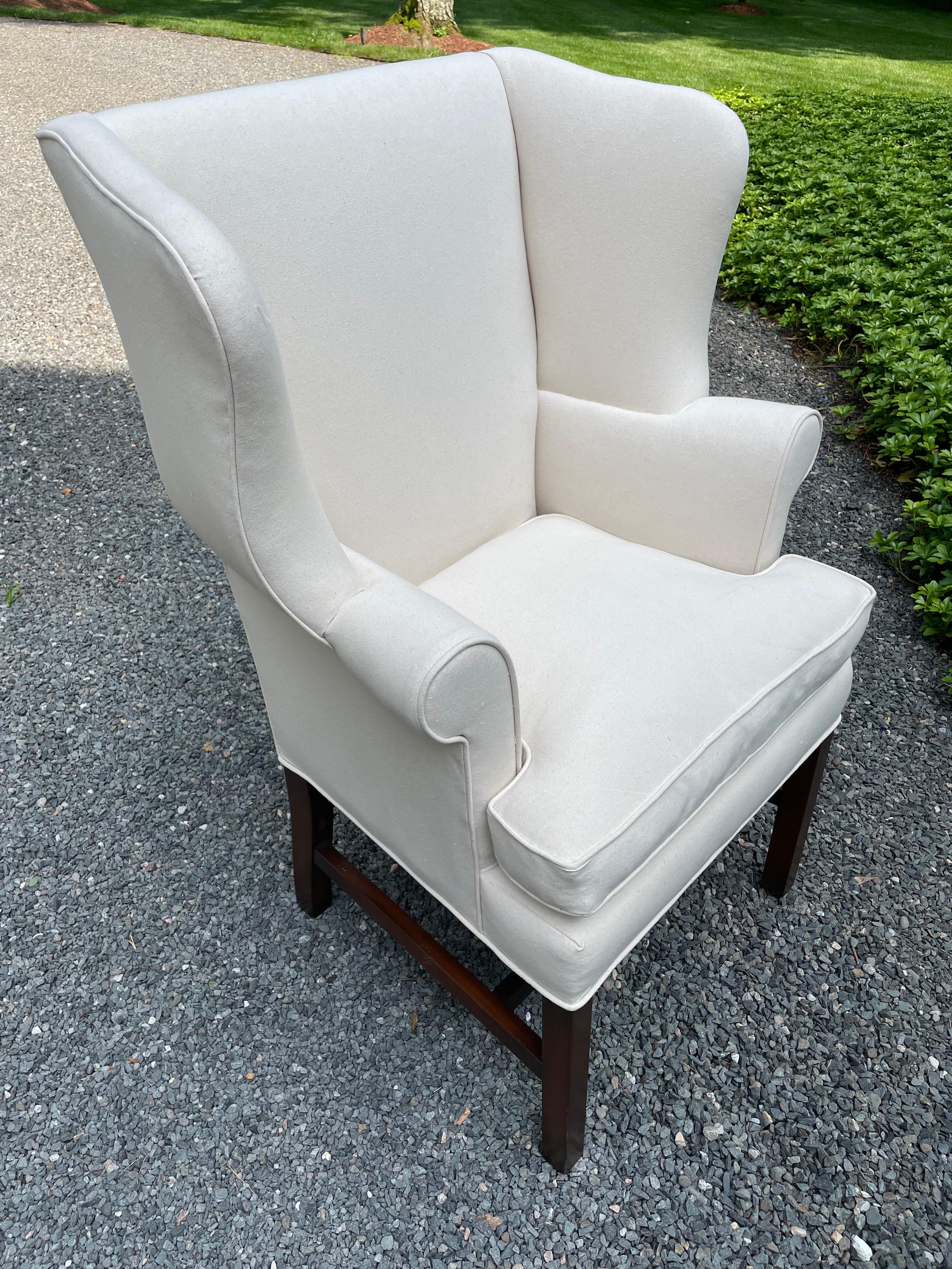 Classic Pair of Antique Georgian Style Newly Upholstered Wing Chairs For Sale 2