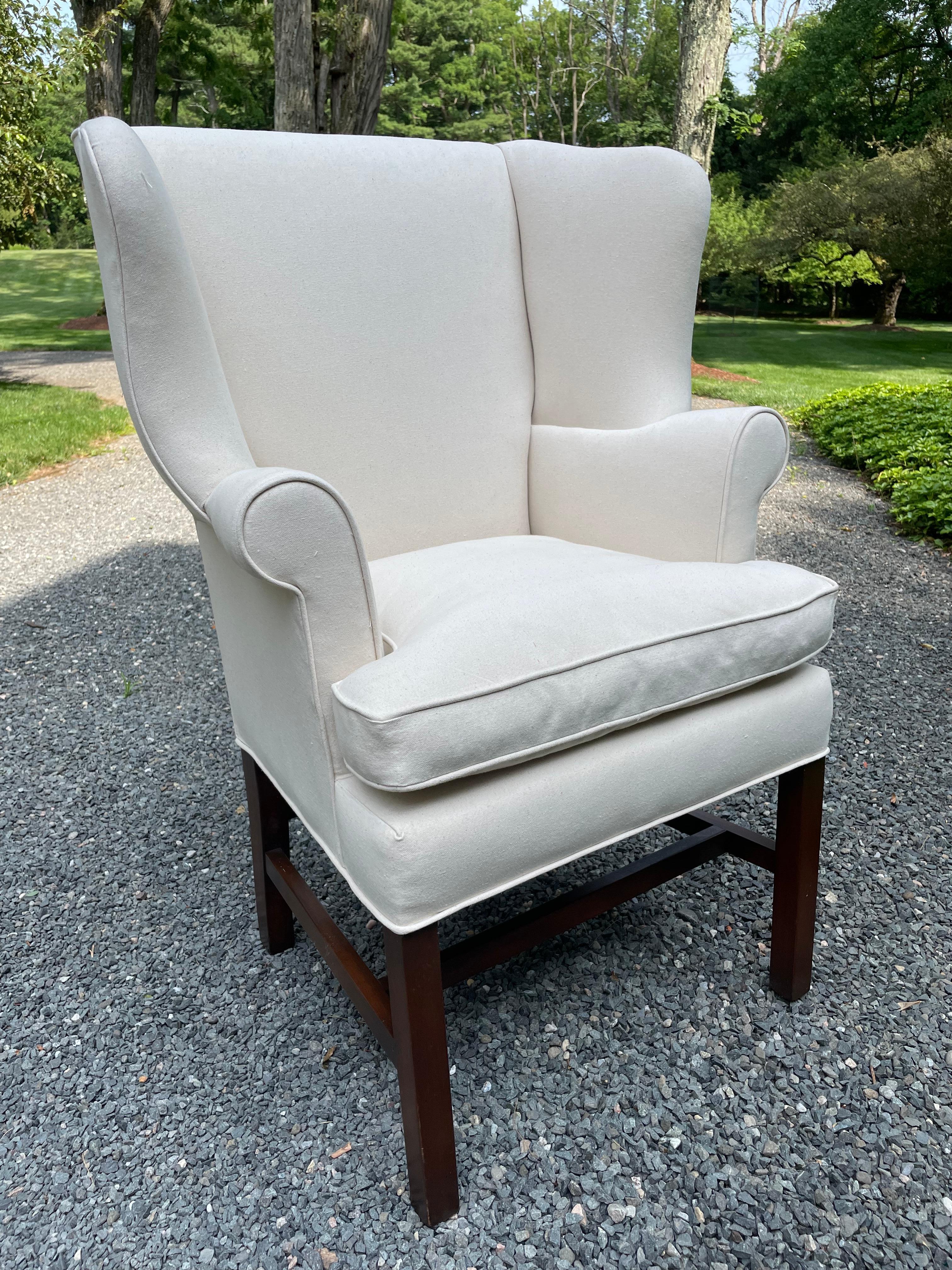Classic Pair of Antique Georgian Style Newly Upholstered Wing Chairs For Sale 3