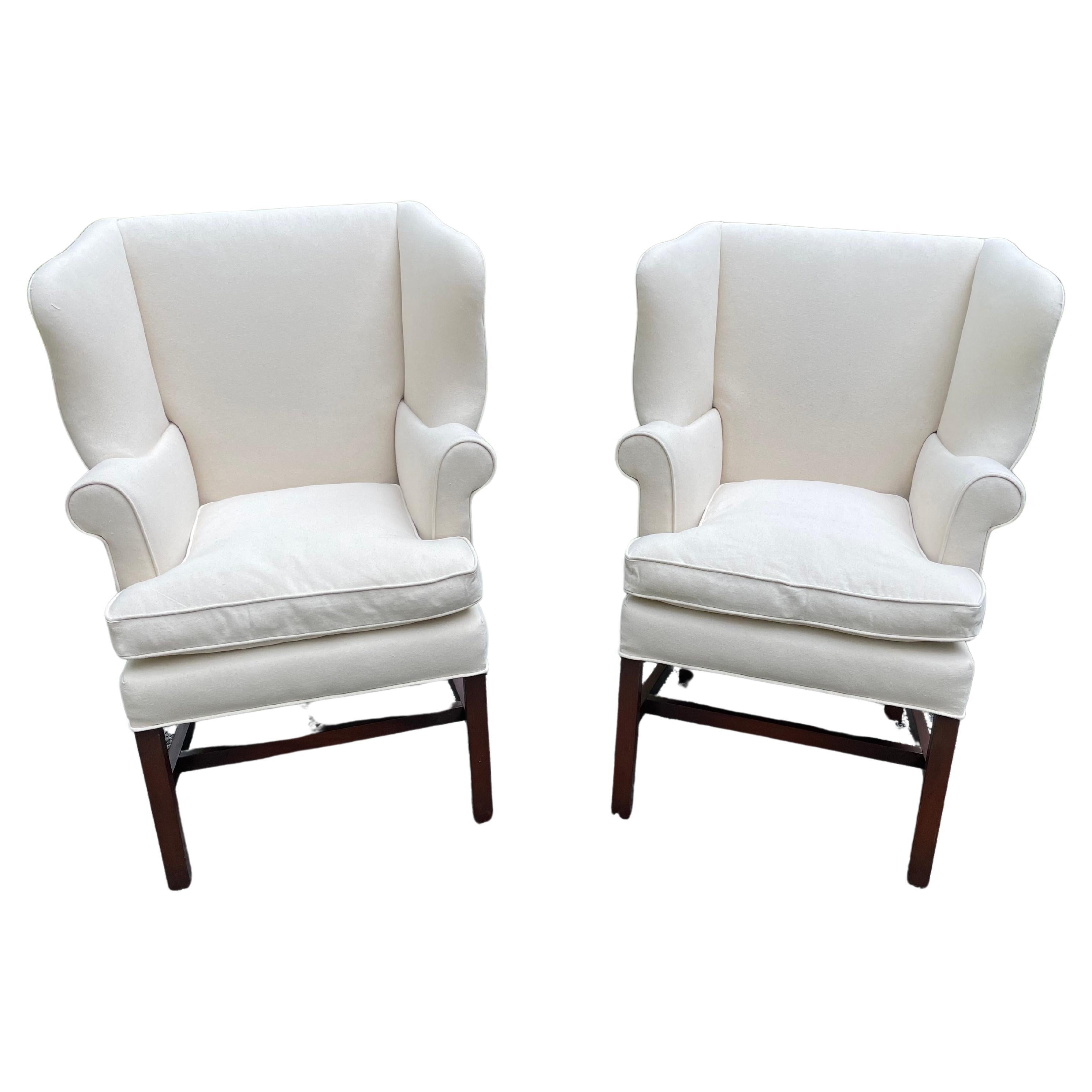 Classic Pair of Antique Georgian Style Newly Upholstered Wing Chairs im Angebot