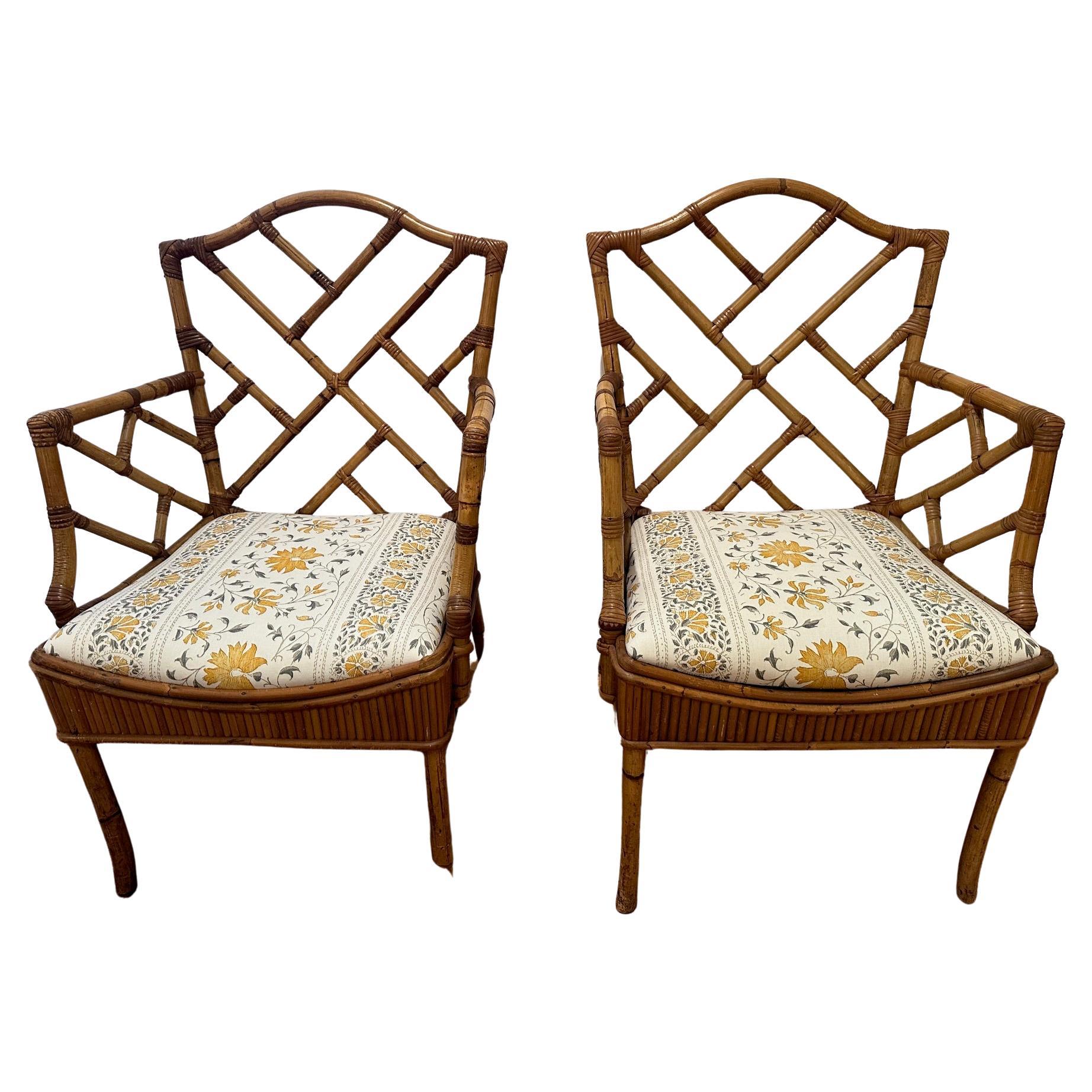 Classic Pair of Bamboo Vintage Chippendale Style Armchairs