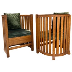 Classic Pair of Barrel Chairs, after Frank Lloyd Wright, attrib. Plail Brothers