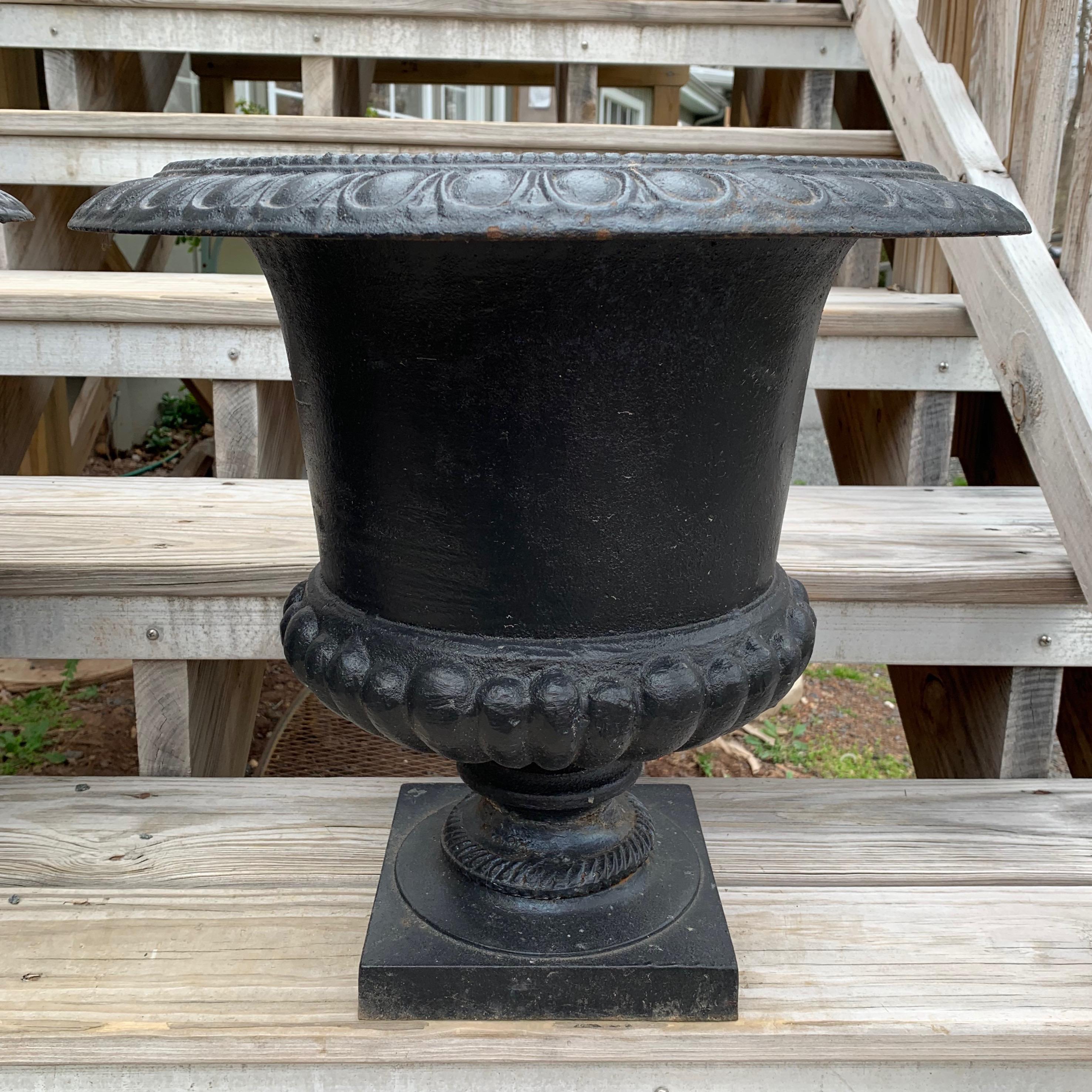 Mid-20th Century Classic Pair of Black Vintage Cast Iron Planters Urns