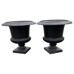 Classic Pair of Black Vintage Cast Iron Planters Urns