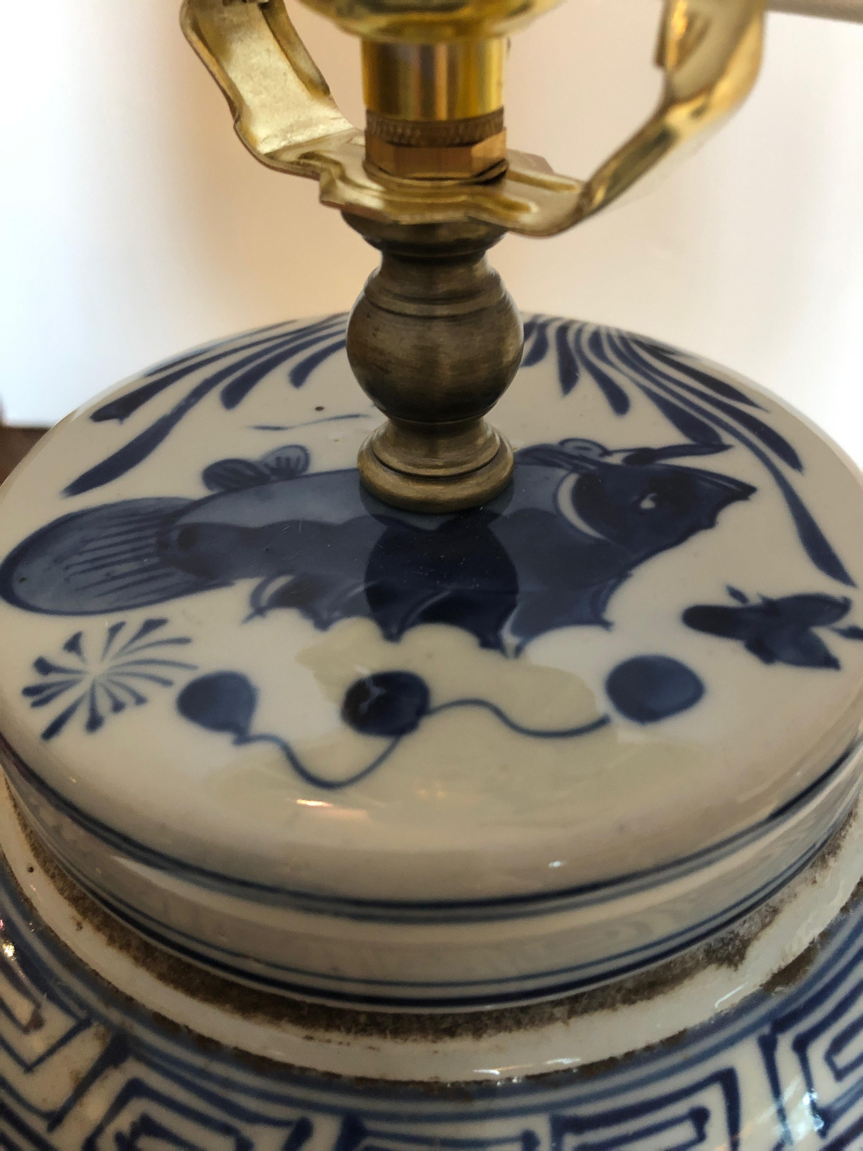 Chinese Classic Pair of Blue and White Canton Style Ginger Jar Lamps with Carp