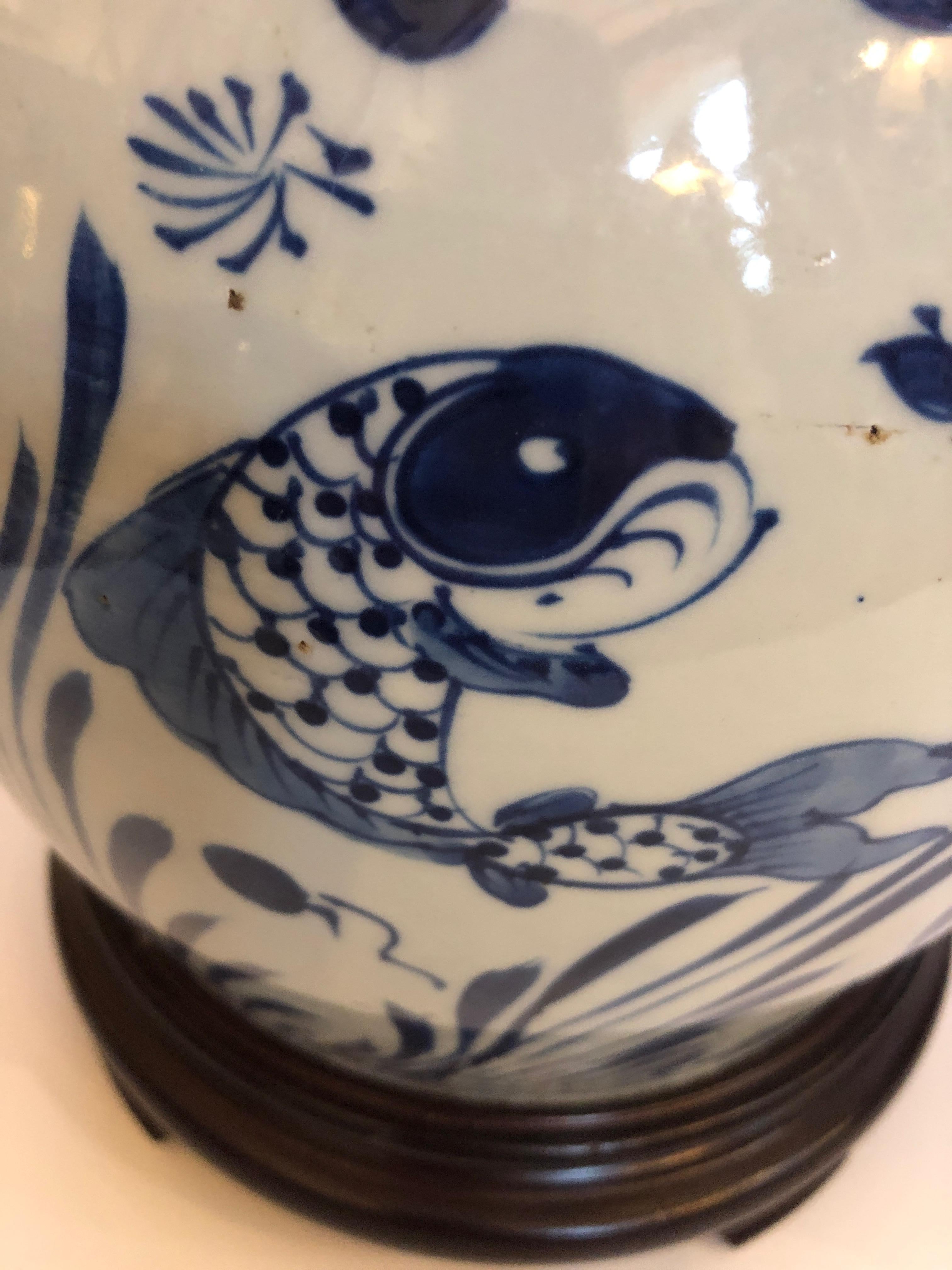 Classic Pair of Blue and White Canton Style Ginger Jar Lamps with Carp In Excellent Condition In Hopewell, NJ