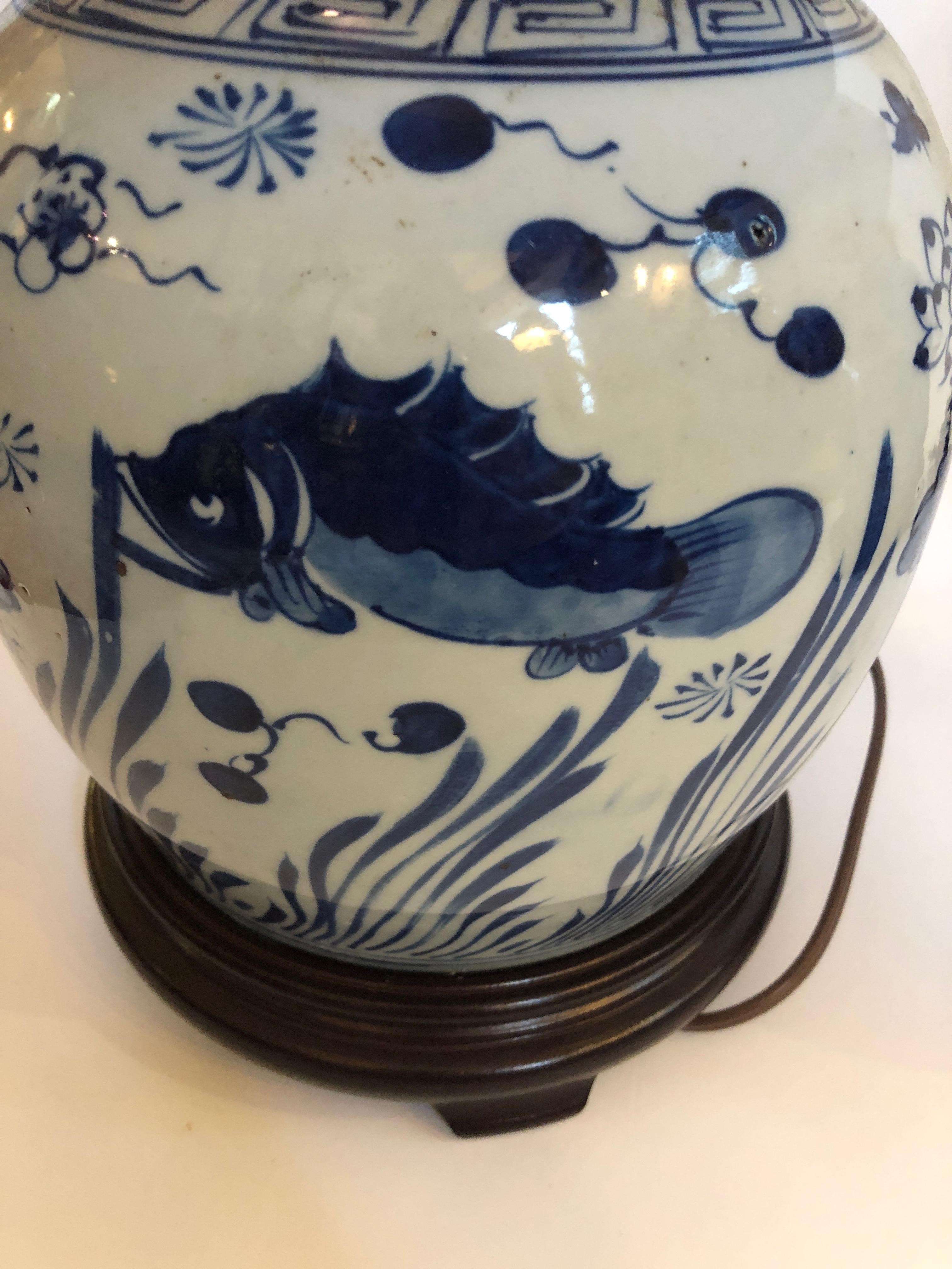 Mid-20th Century Classic Pair of Blue and White Canton Style Ginger Jar Lamps with Carp