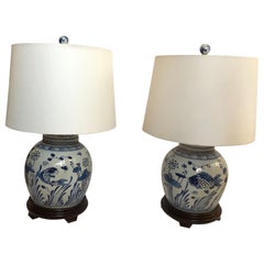 Classic Pair of Blue and White Canton Style Ginger Jar Lamps with Carp