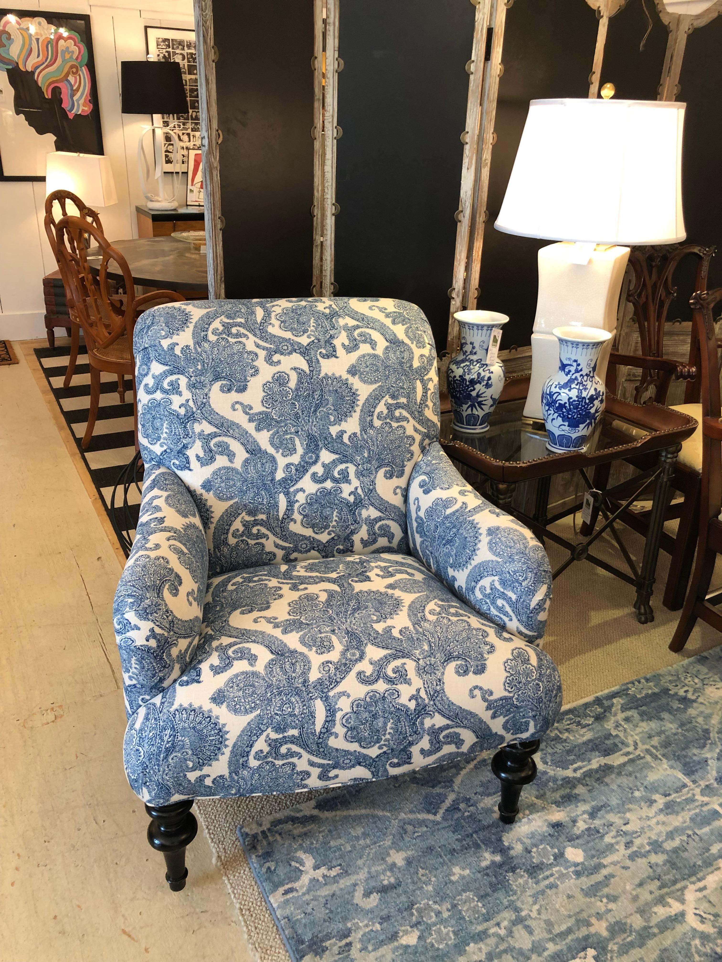 Classic Pair of Blue & White Big Rolled Arm Comfy Club Chairs 4