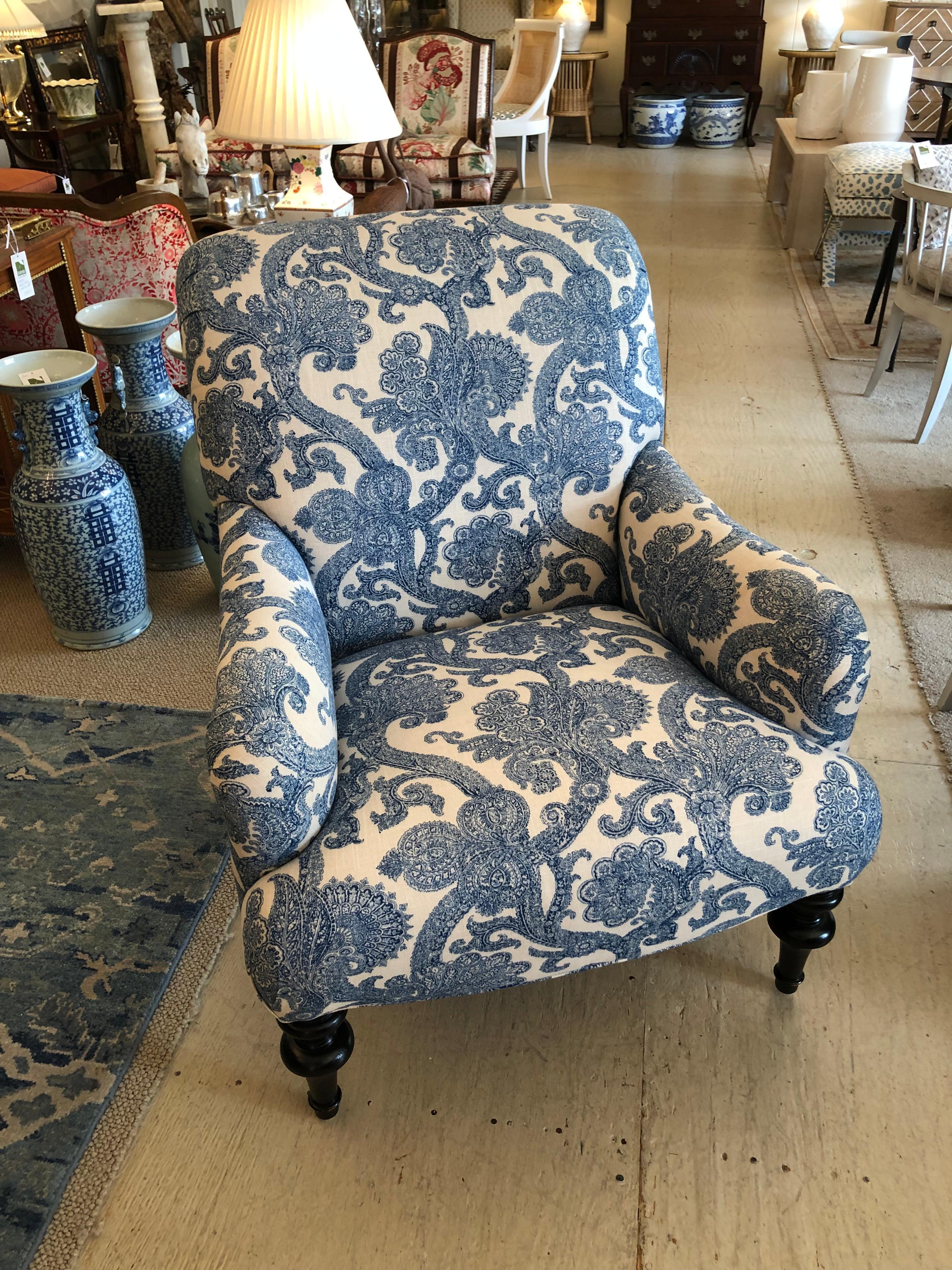 Upholstery Classic Pair of Blue & White Big Rolled Arm Comfy Club Chairs