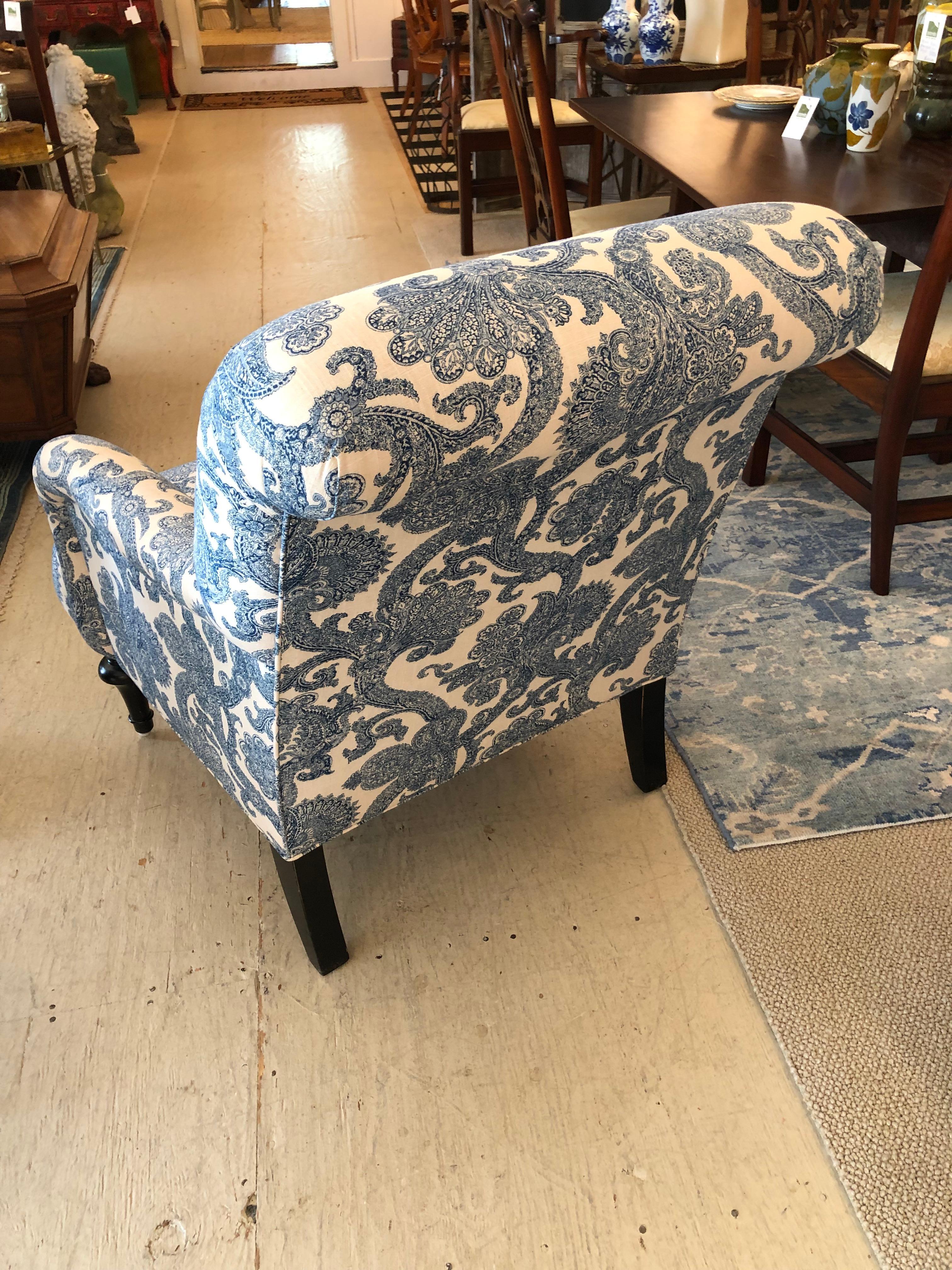 Classic Pair of Blue & White Big Rolled Arm Comfy Club Chairs 1