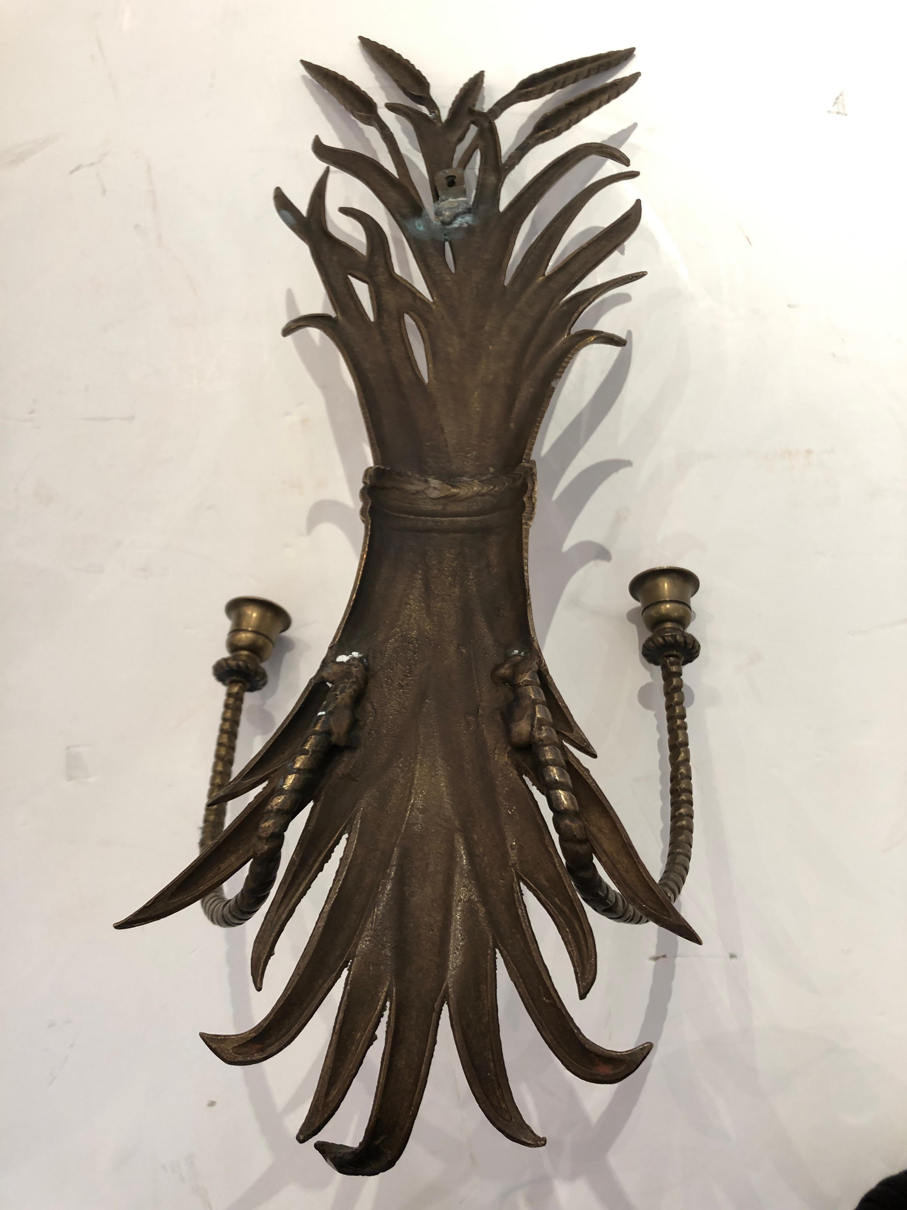 Classic Pair of Brass Wheat Sheaf Candle Sconces For Sale 1