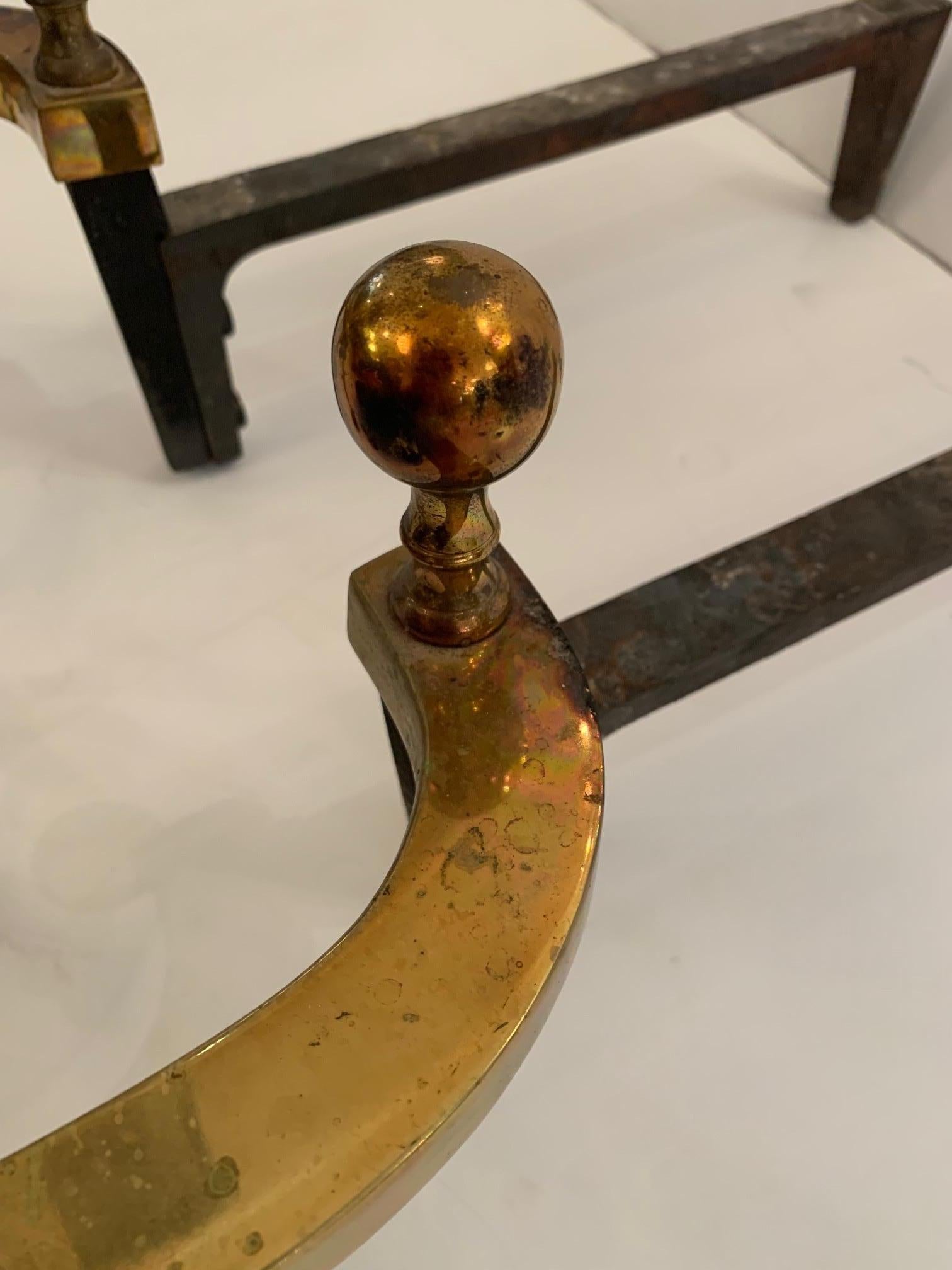 Classic Pair of Cast Brass Cannonball Designed Vintage Andirons For Sale 5