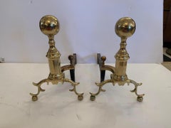 Classic Pair of Cast Brass Cannonball Designed Vintage Andirons