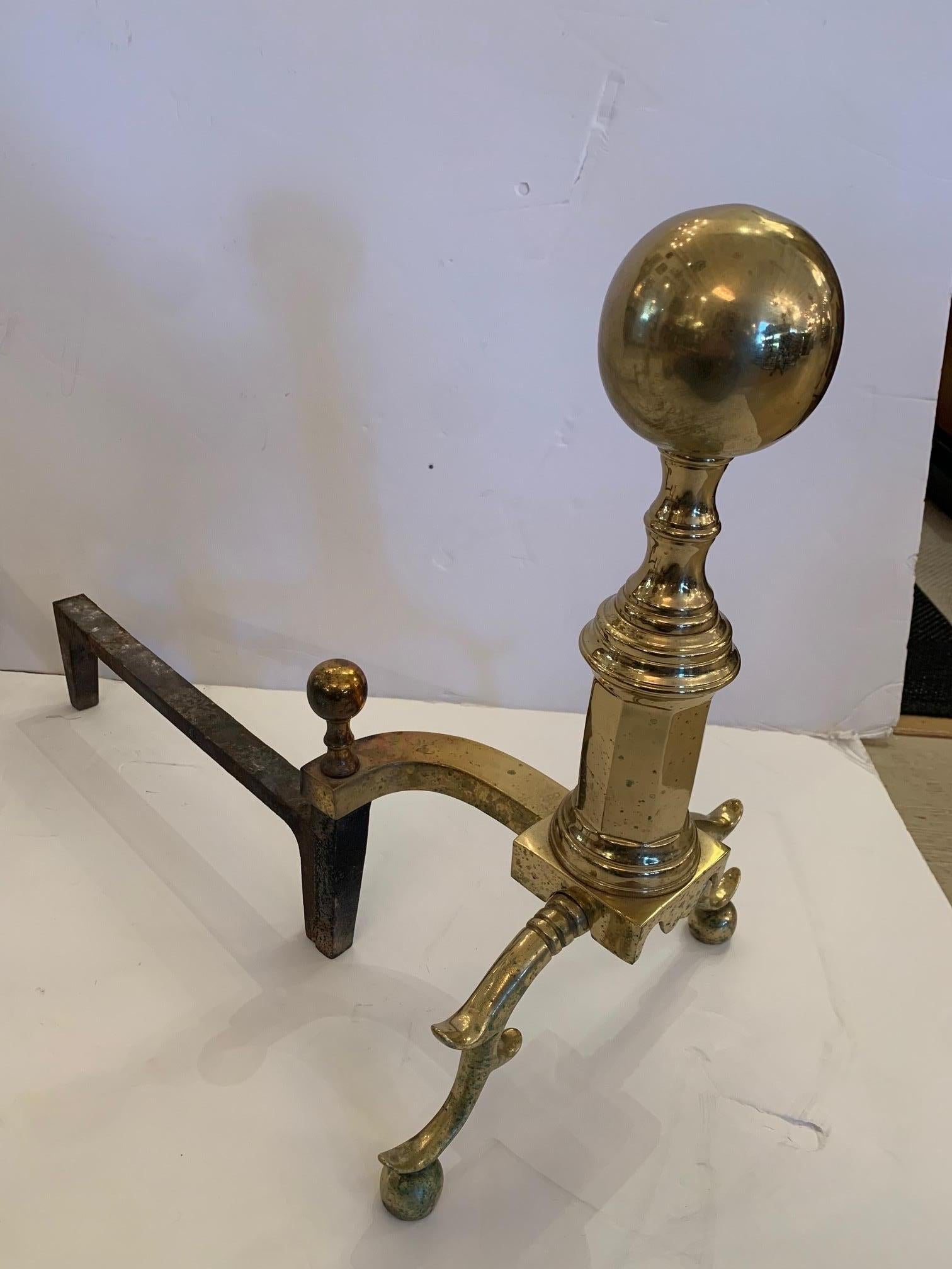 American Classic Pair of Cast Brass Cannonball Designed Vintage Andirons For Sale