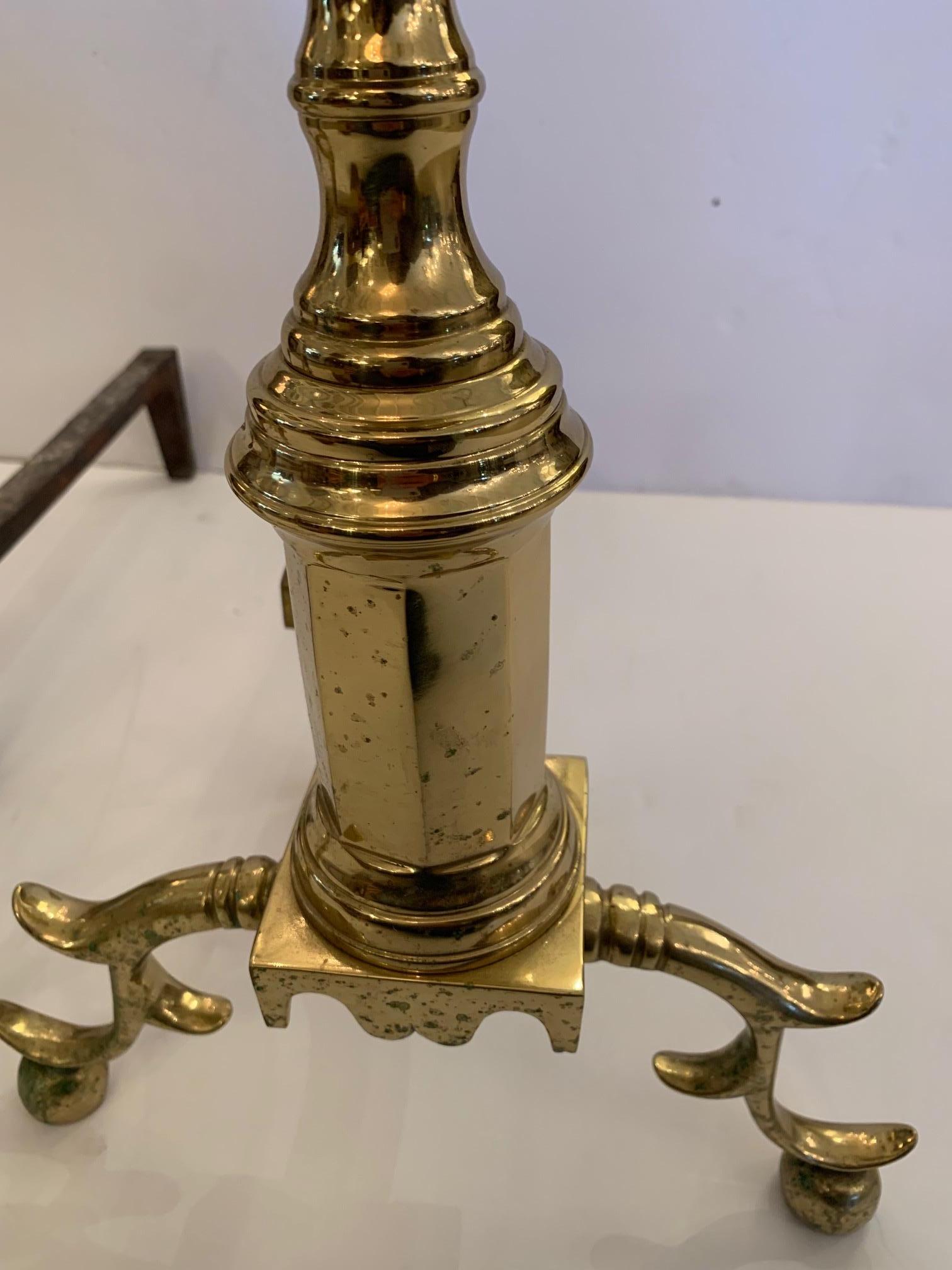 Mid-20th Century Classic Pair of Cast Brass Cannonball Designed Vintage Andirons For Sale