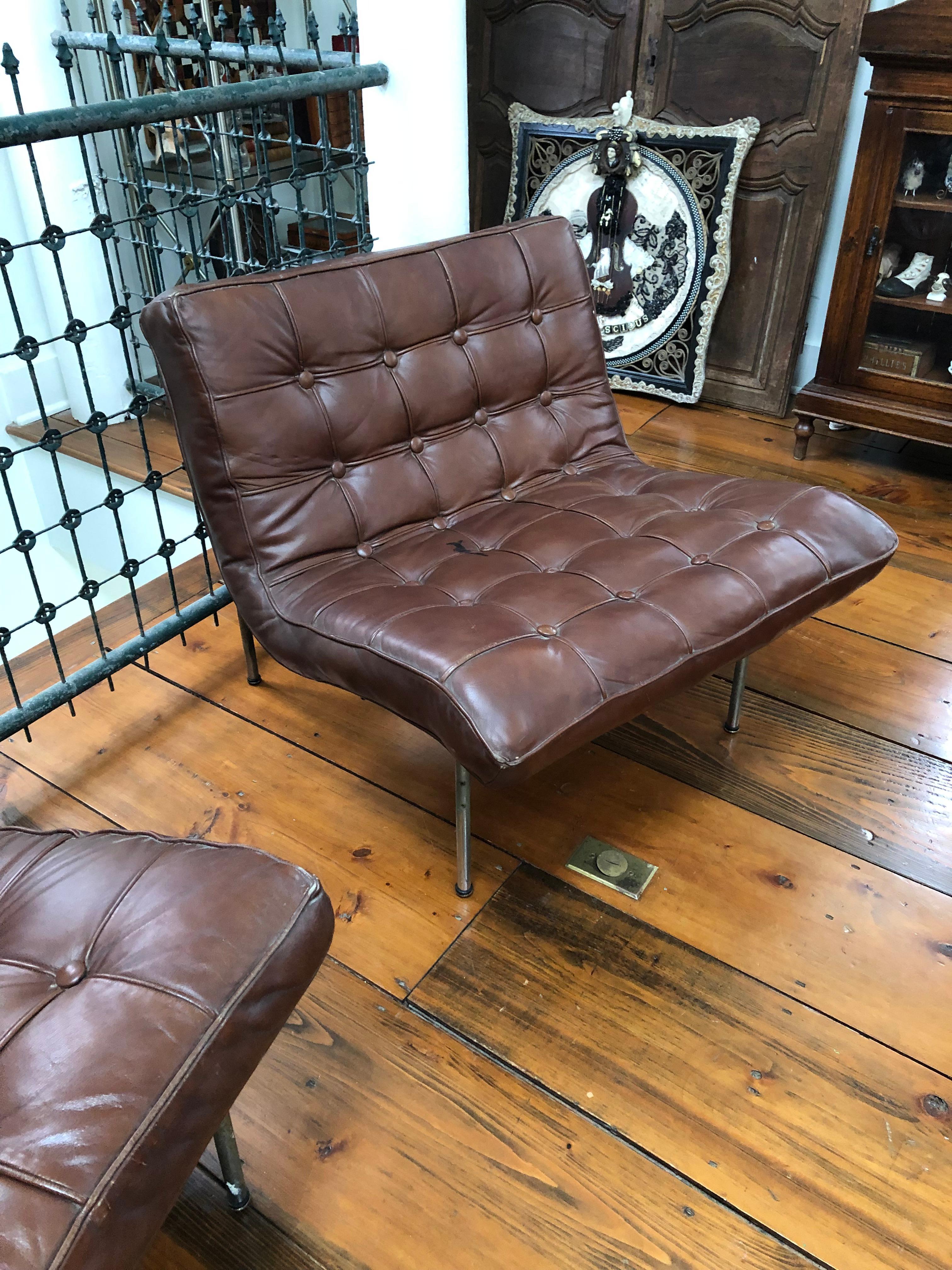 American Classic Pair of Chocolate Brown Leather Barcelona Style Club Chairs