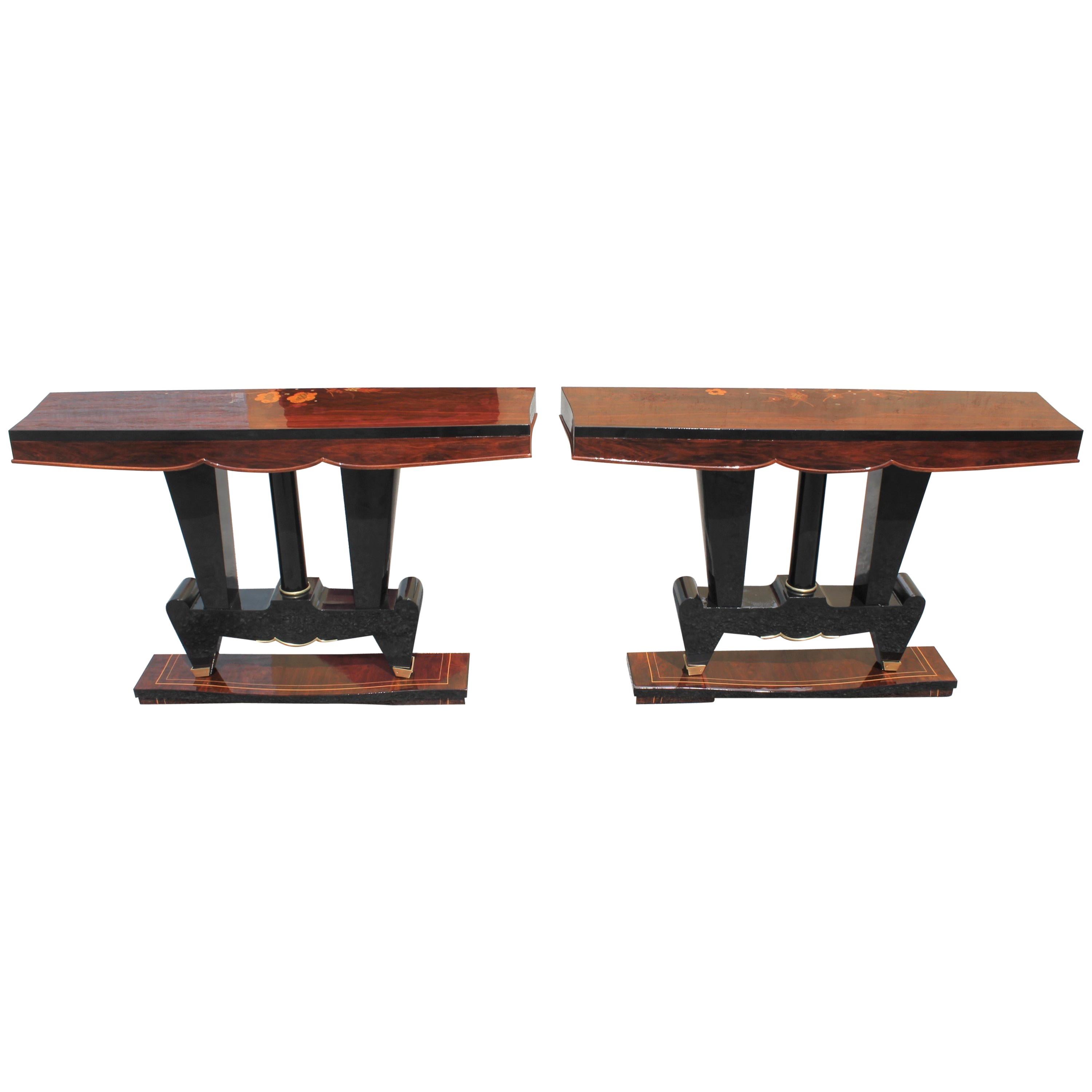 Classic Pair of French Art Deco Macassar Ebony Console Tables, circa 1940s