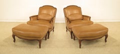 Classic Pair of French Louis XV Style Leather Bergères with Ottomans