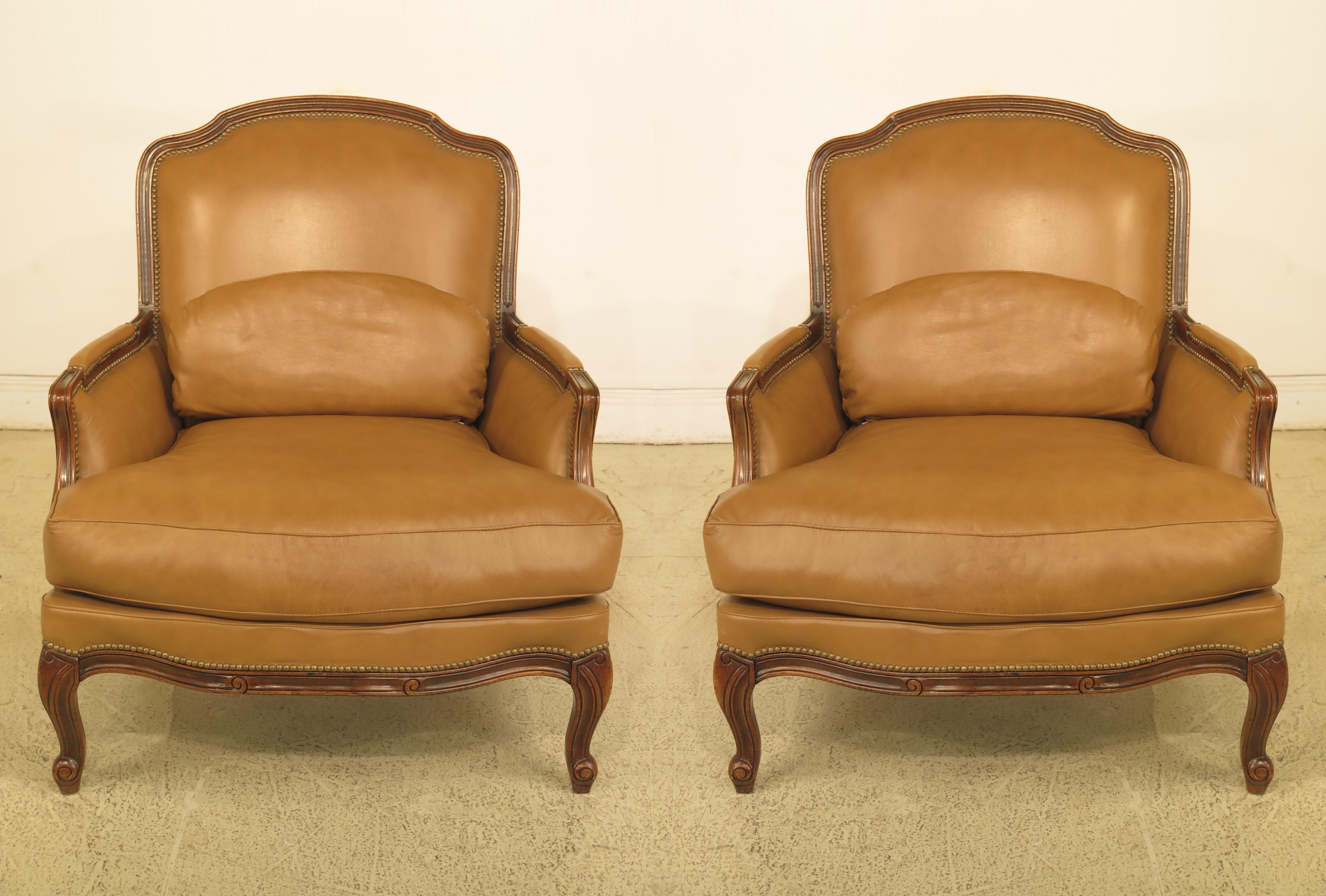 American Classic Pair of French Louis XV Style Leather Bergères with Ottomans For Sale