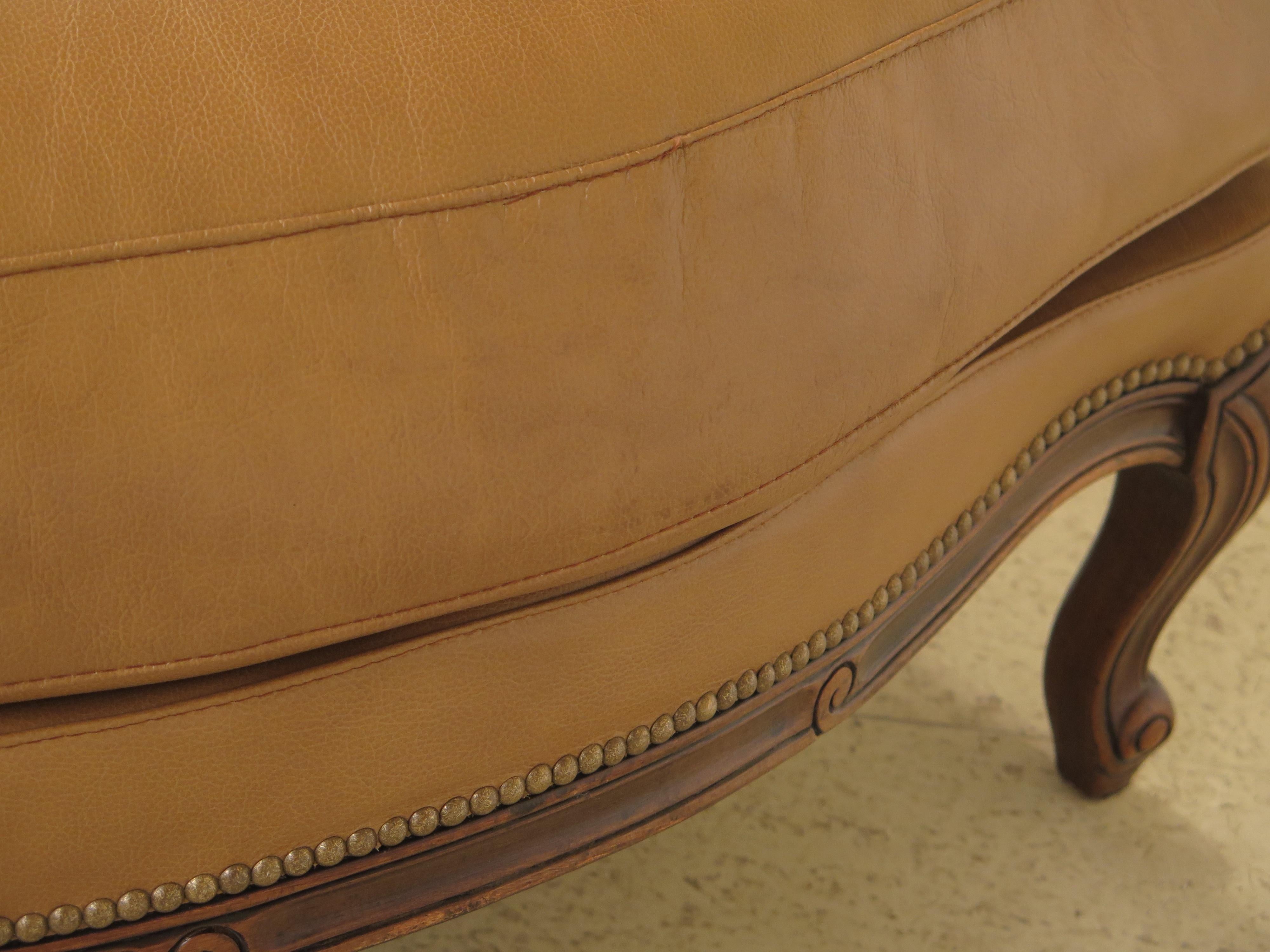 Classic Pair of French Louis XV Style Leather Bergères with Ottomans For Sale 2