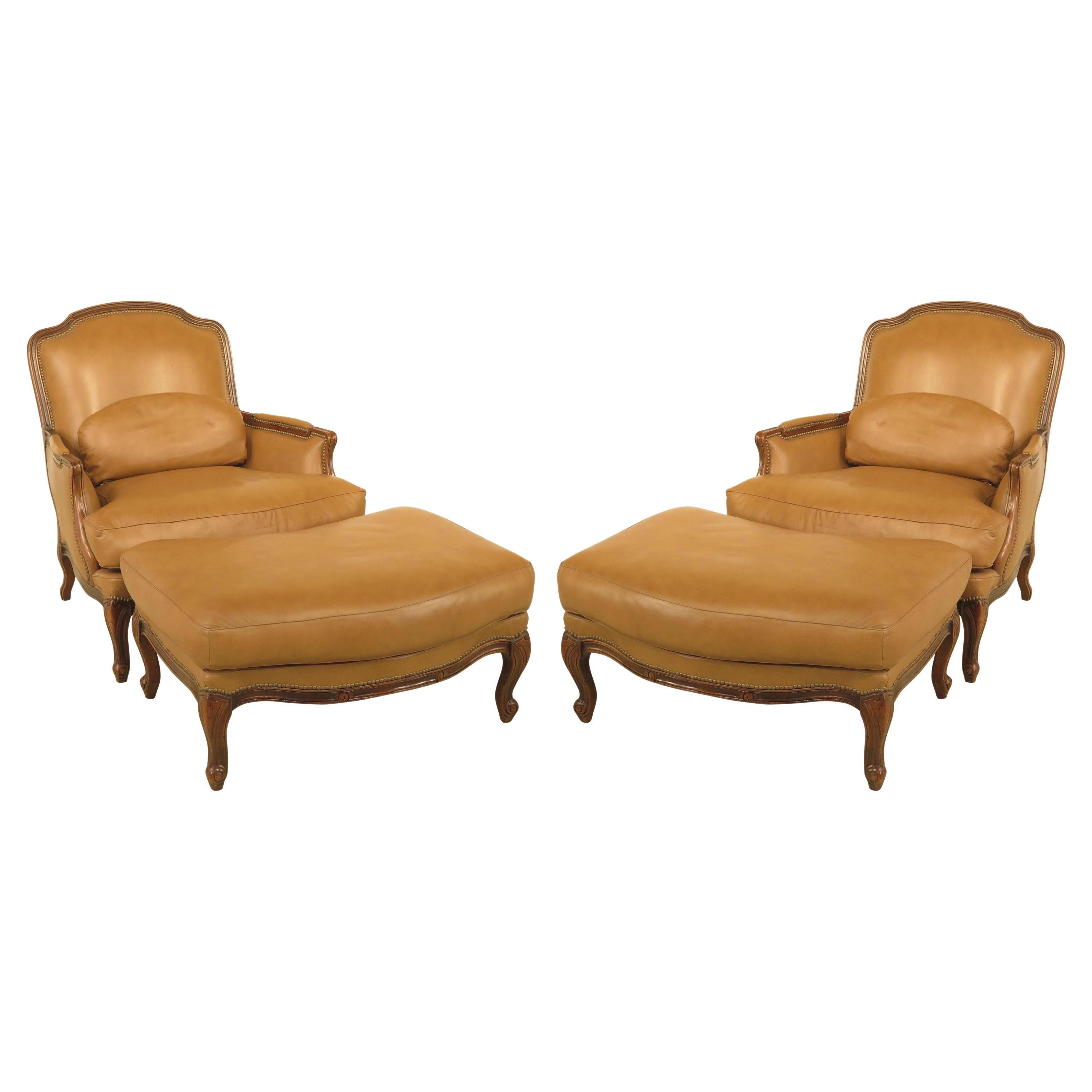 Classic Pair of French Louis XV Style Leather Bergères with Ottomans For Sale