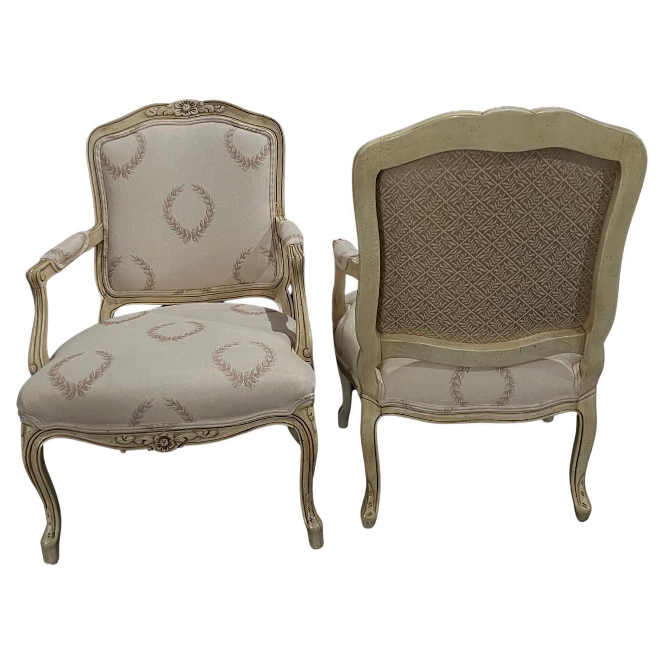 Classic Pair of French Louis XV Style Painted UpholsteredArmchairs or Fauteuils 