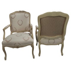 Classic Pair of French Louis XV Style Painted UpholsteredArmchairs or Fauteuils 