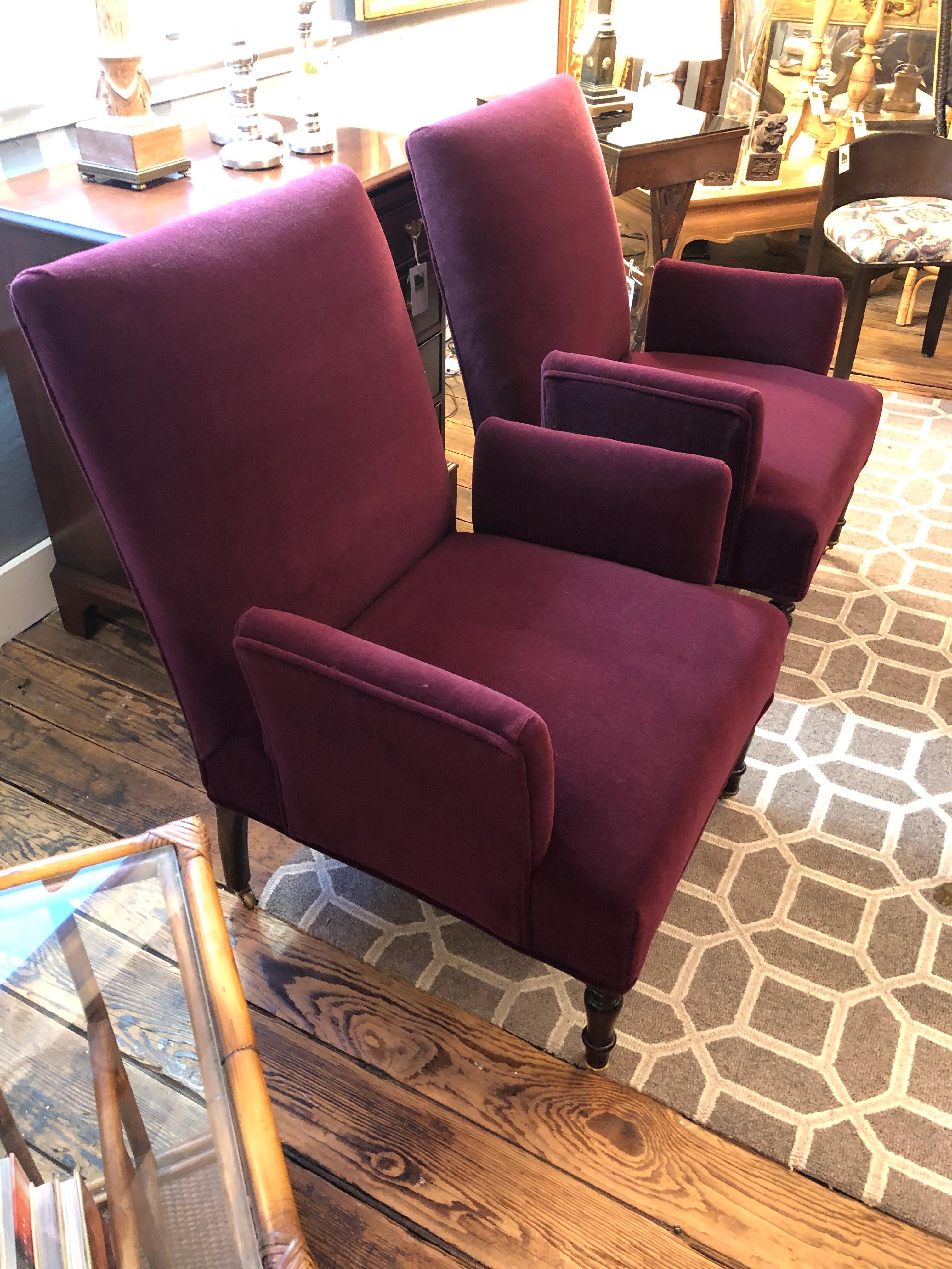 Contemporary Classic Pair of Rich Purple Mohair George Smith La Rizza Club Chairs