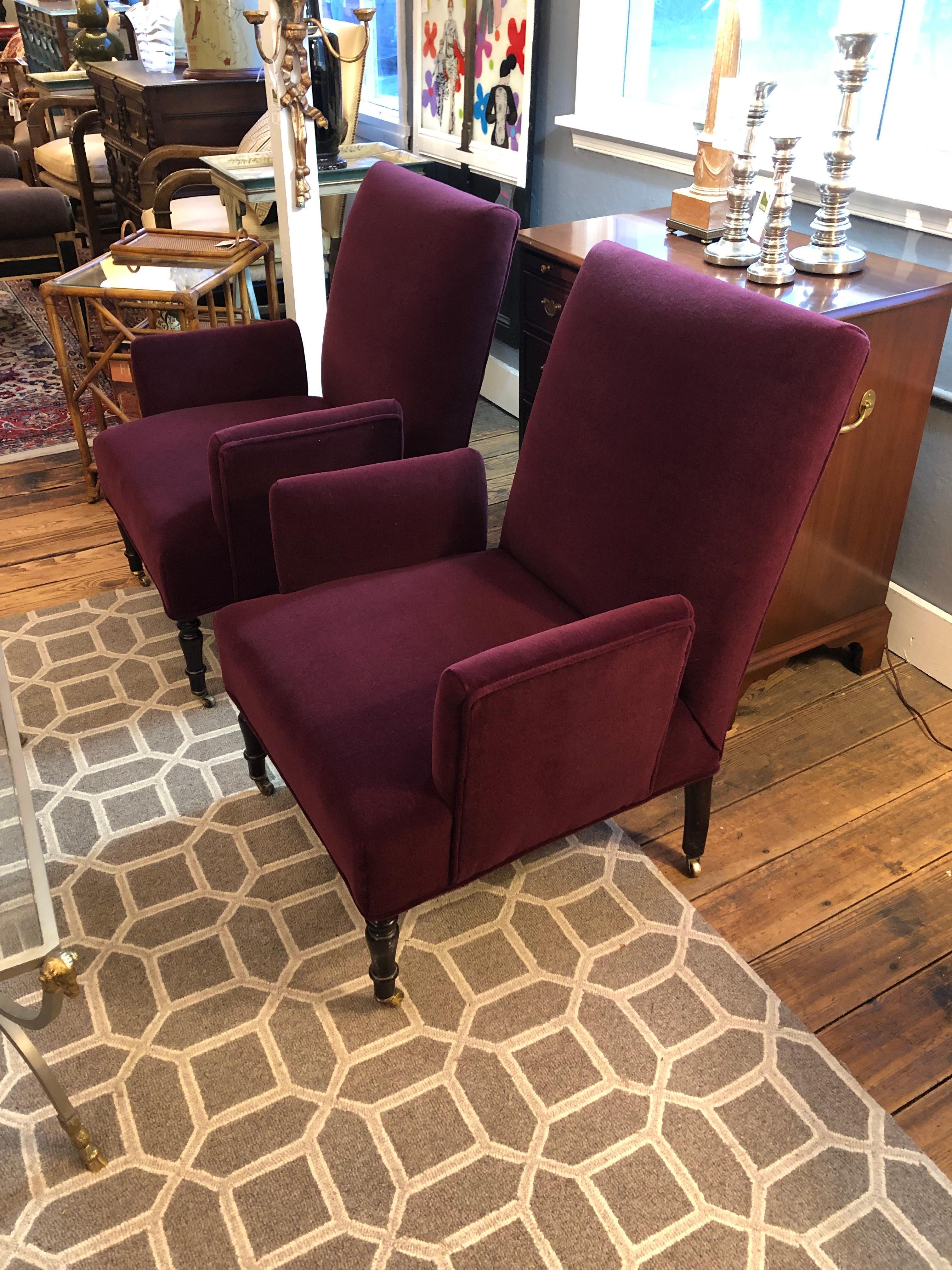 Pair of stunning George Smith La Rizza chairs with great styling brand new sumptuous purple mohair upholstery.  Mahogany legs on brass casters. 

Seat height 15.5