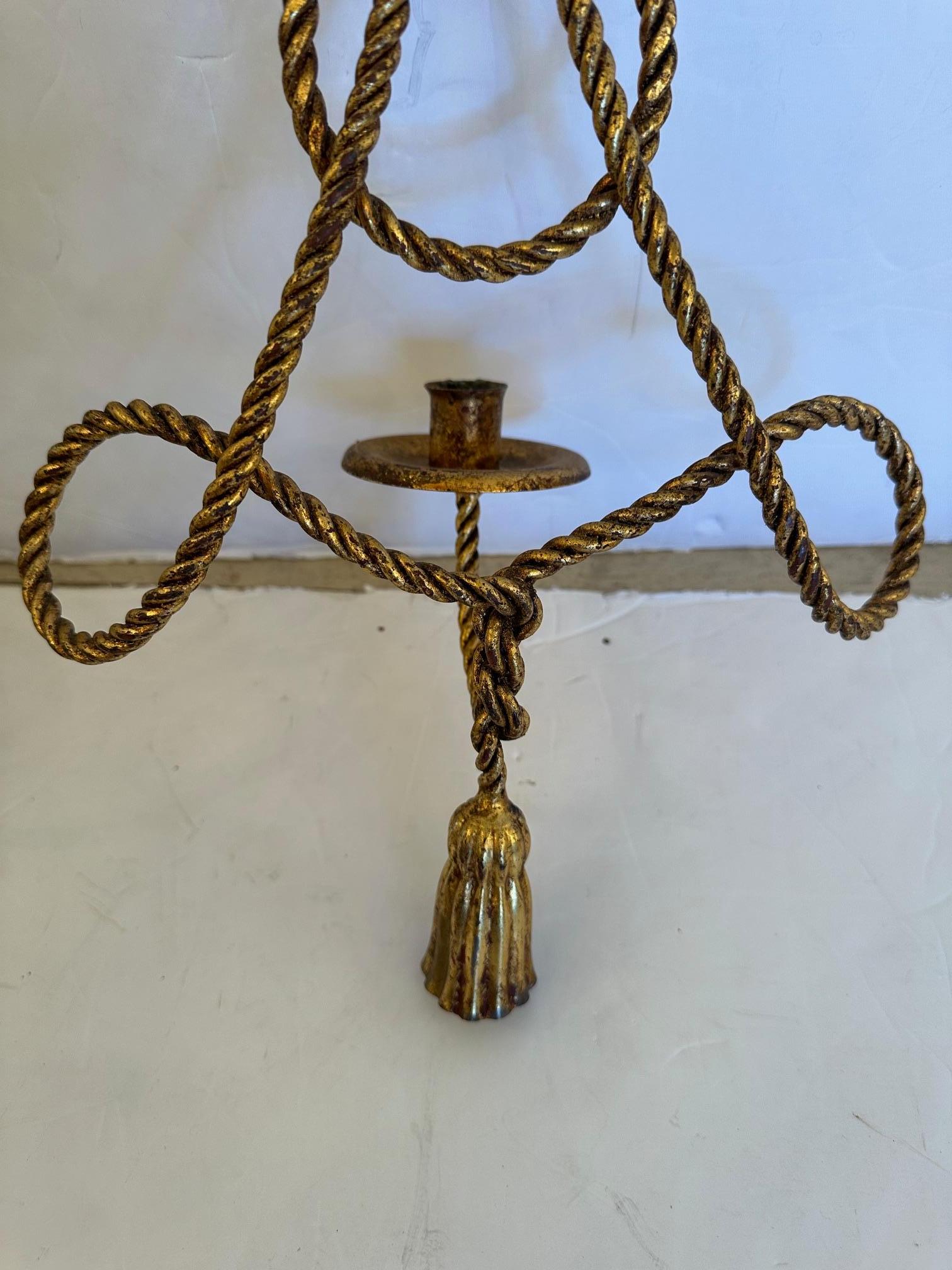 Classic Pair of Gold Twisted Iron Hollywood Regency Candle Sconces For Sale 2