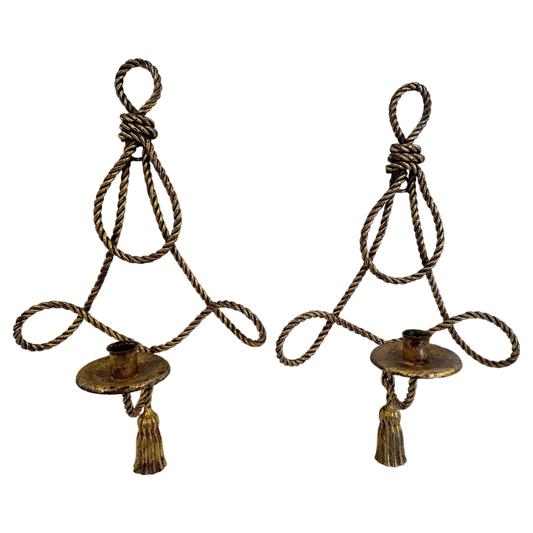 Classic Pair of Gold Twisted Iron Hollywood Regency Candle Sconces For Sale
