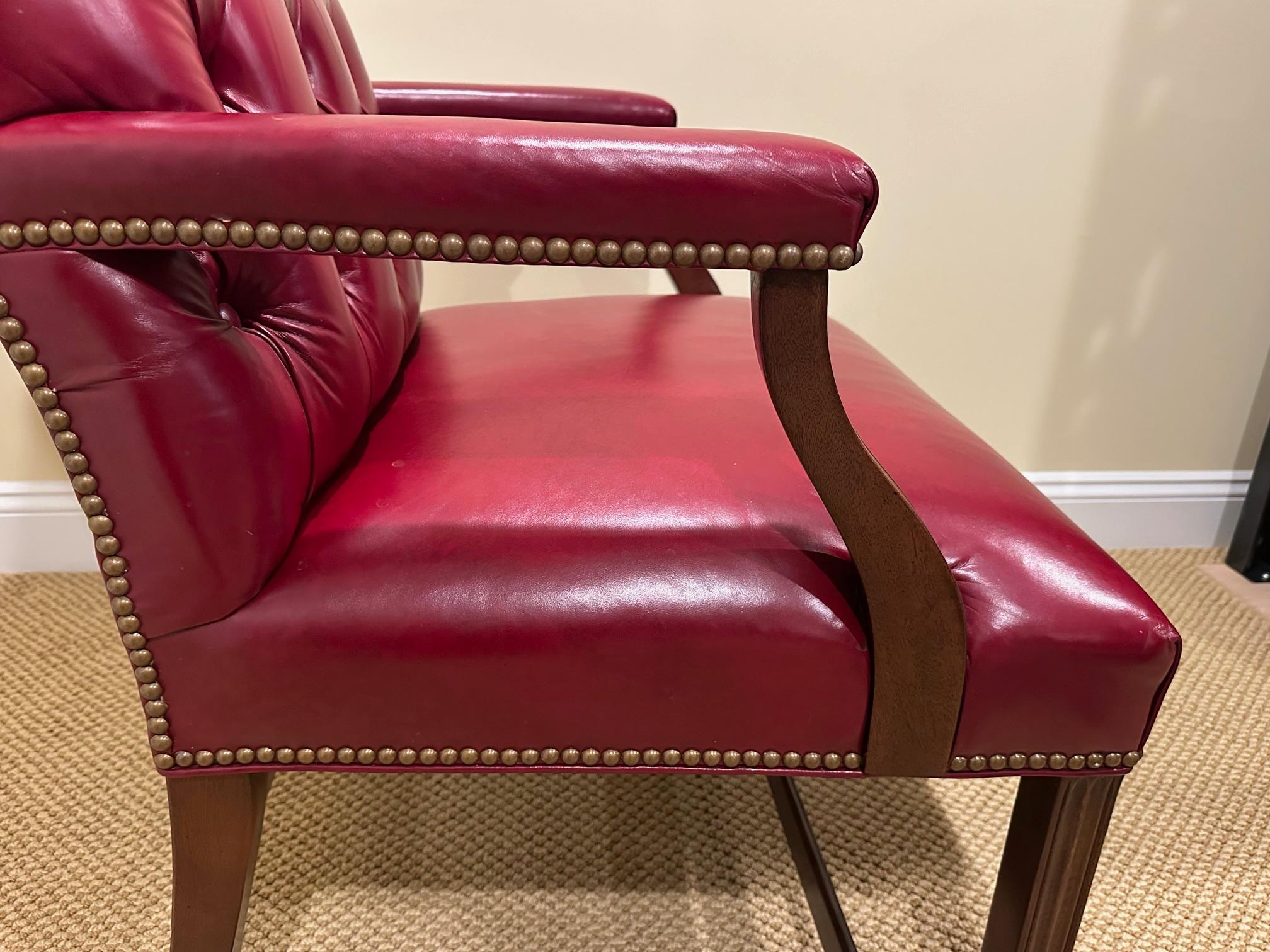 Classic Pair of Hancock & Moore Tufted Red Leather Armchairs For Sale 4