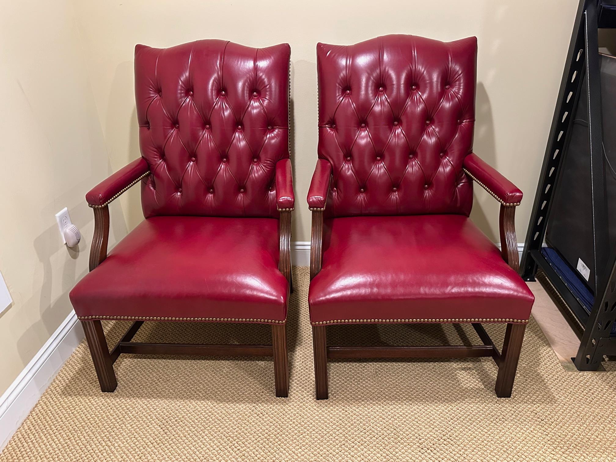 Classic Pair of Hancock & Moore Tufted Red Leather Armchairs For Sale 6