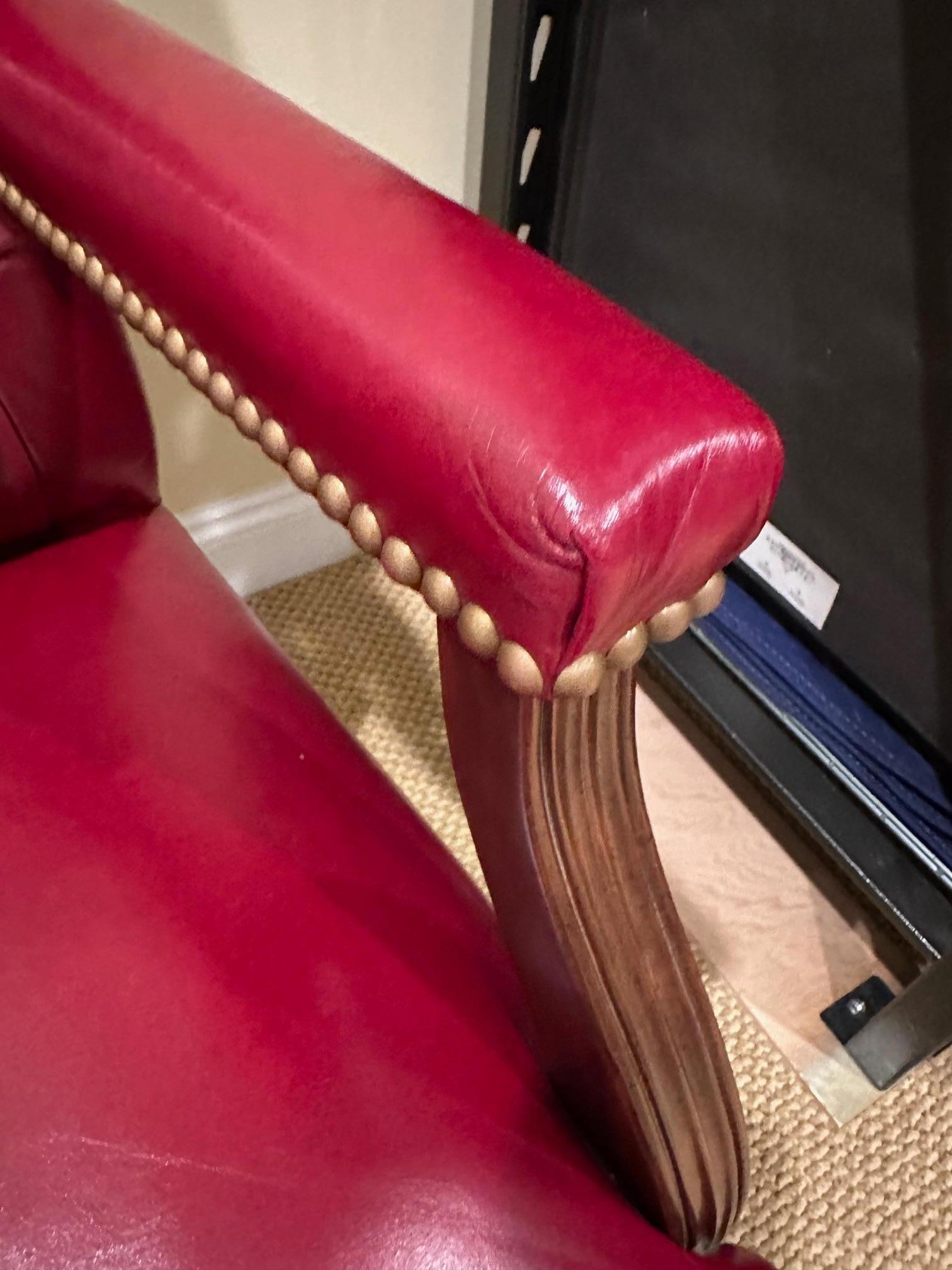 Chippendale Classic Pair of Hancock & Moore Tufted Red Leather Armchairs For Sale