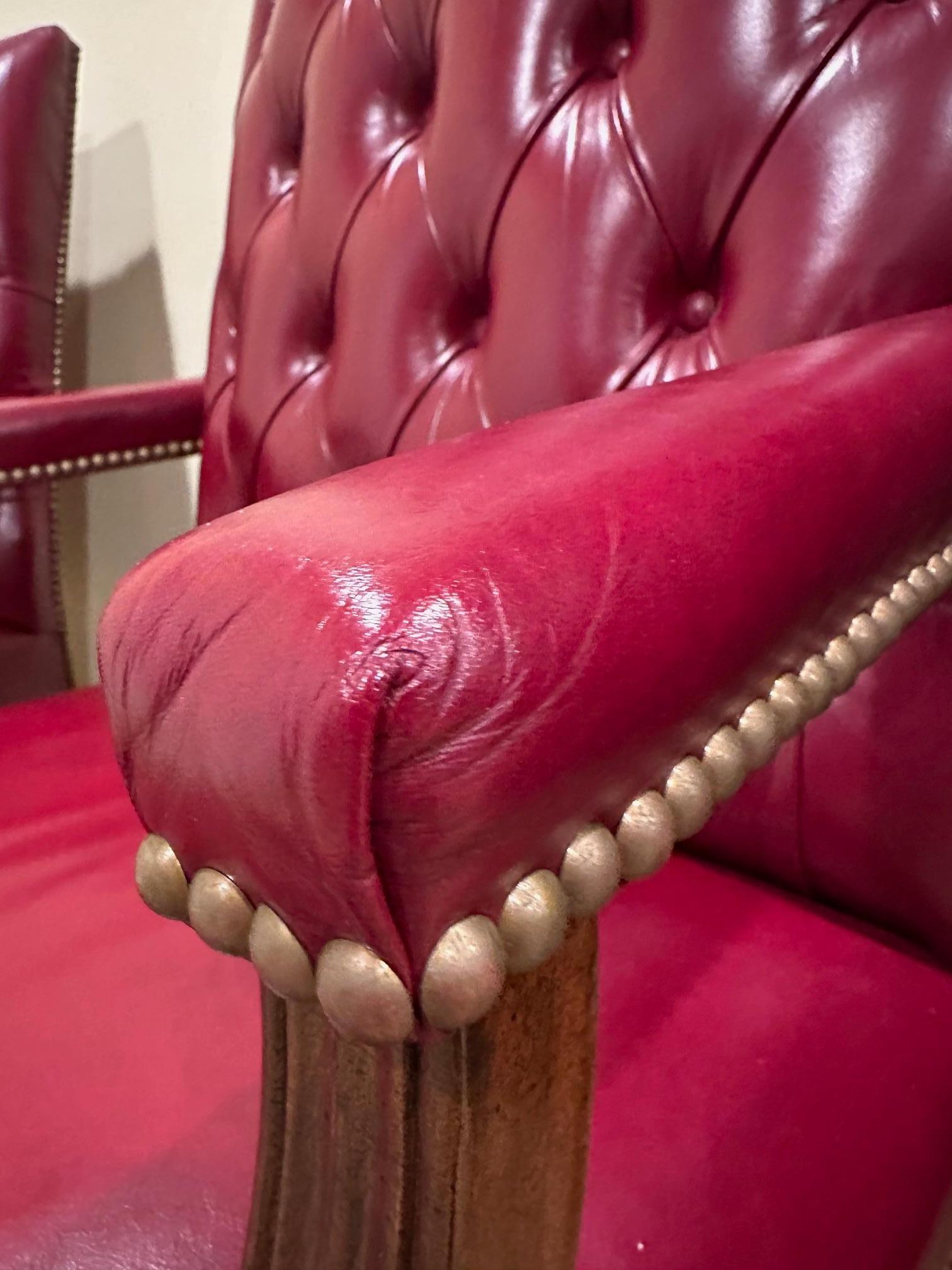 Classic Pair of Hancock & Moore Tufted Red Leather Armchairs In Good Condition For Sale In Hopewell, NJ