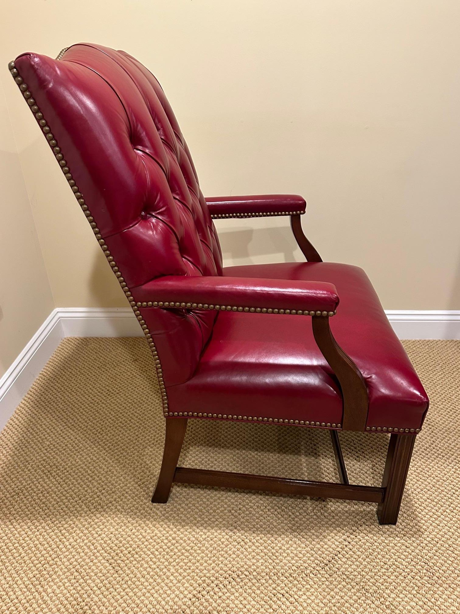 Classic Pair of Hancock & Moore Tufted Red Leather Armchairs For Sale 2