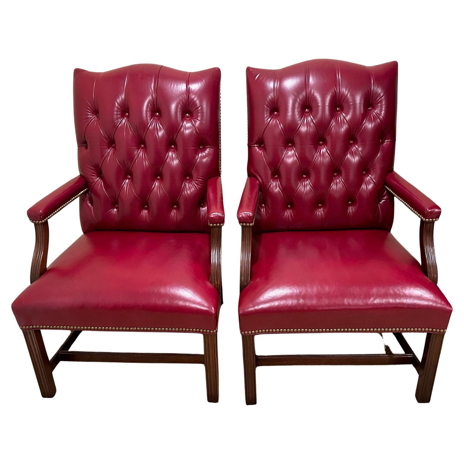Classic Pair of Hancock & Moore Tufted Red Leather Armchairs For Sale