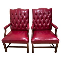Classic Pair of Hancock & Moore Tufted Red Leather Armchairs