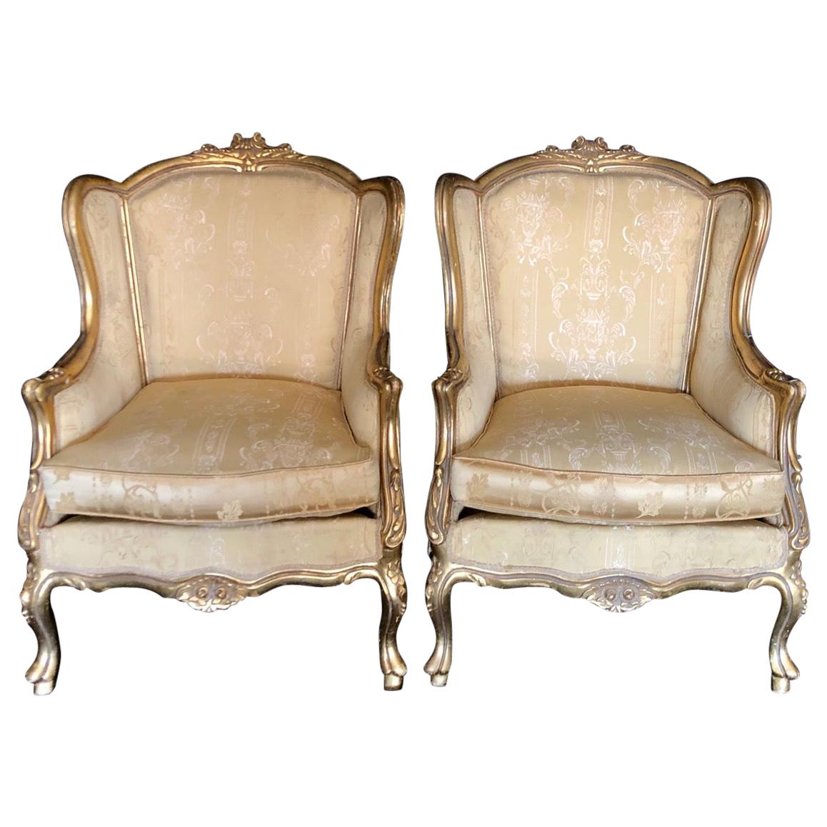 Classic Pair of Louis XV Style Giltwood Bergeres Armchairs