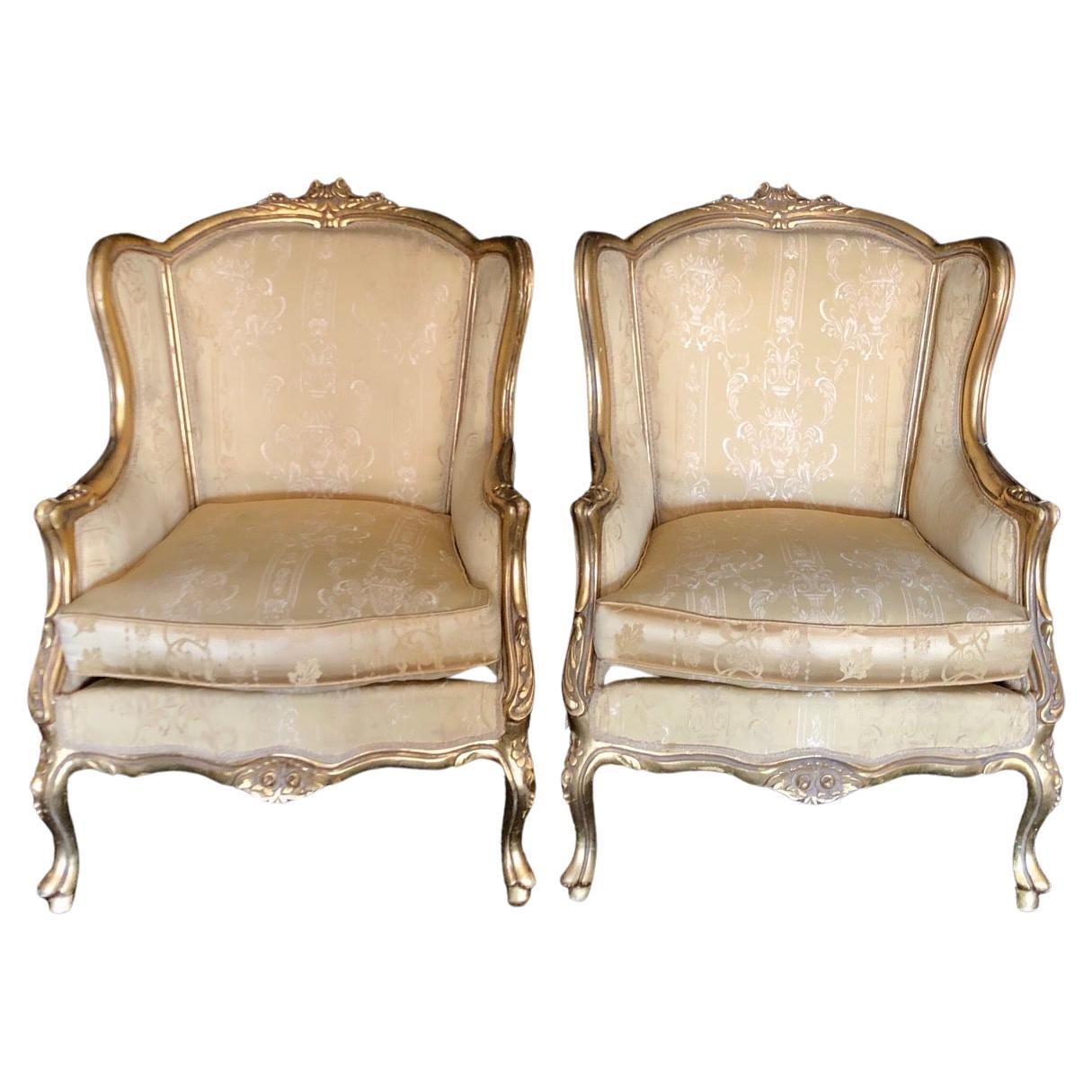 Classic Pair of Louis XV Style Giltwood Bergeres Armchairs